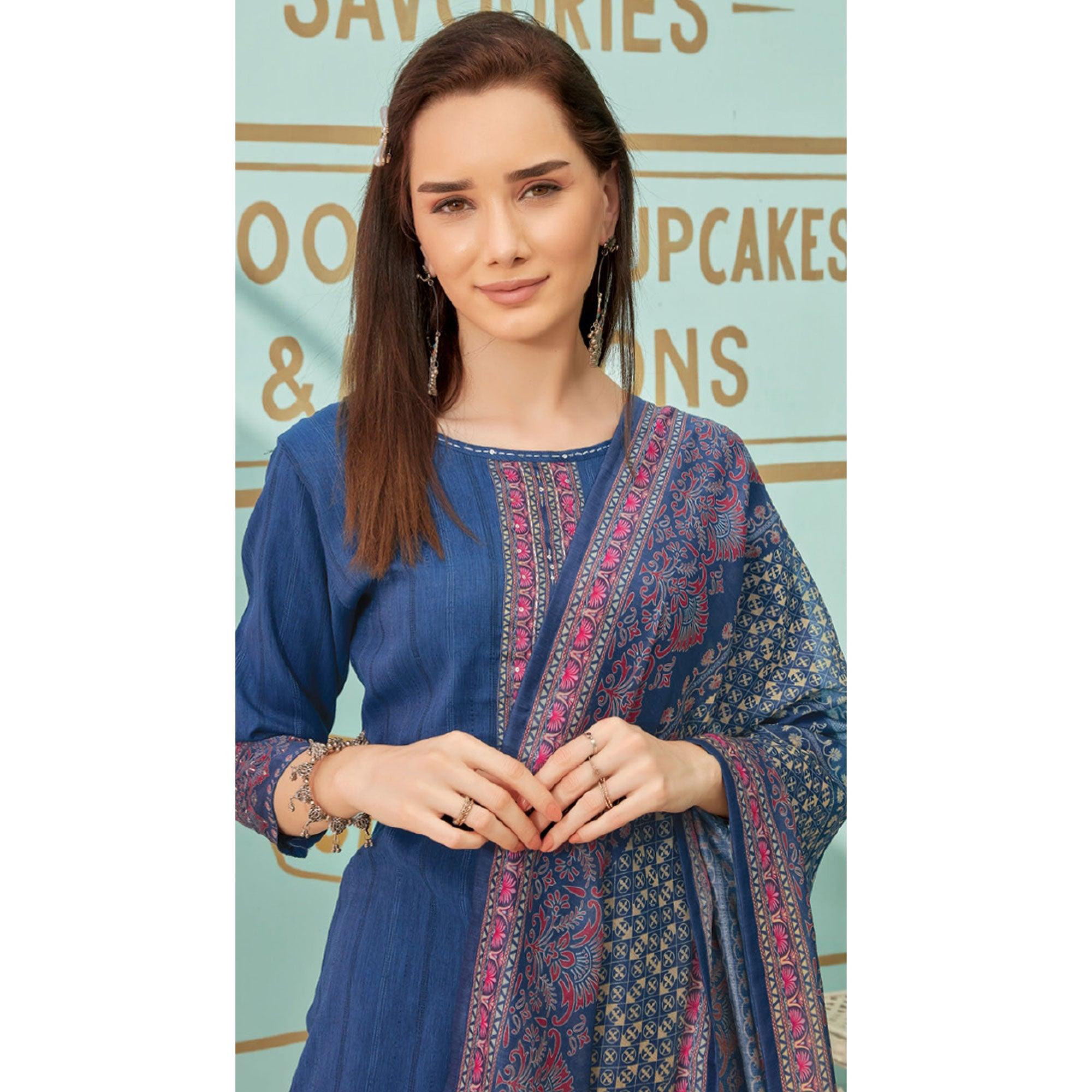 Blue Printed With Embroidery Tapetta Silk Kurti With Dupatta - Peachmode
