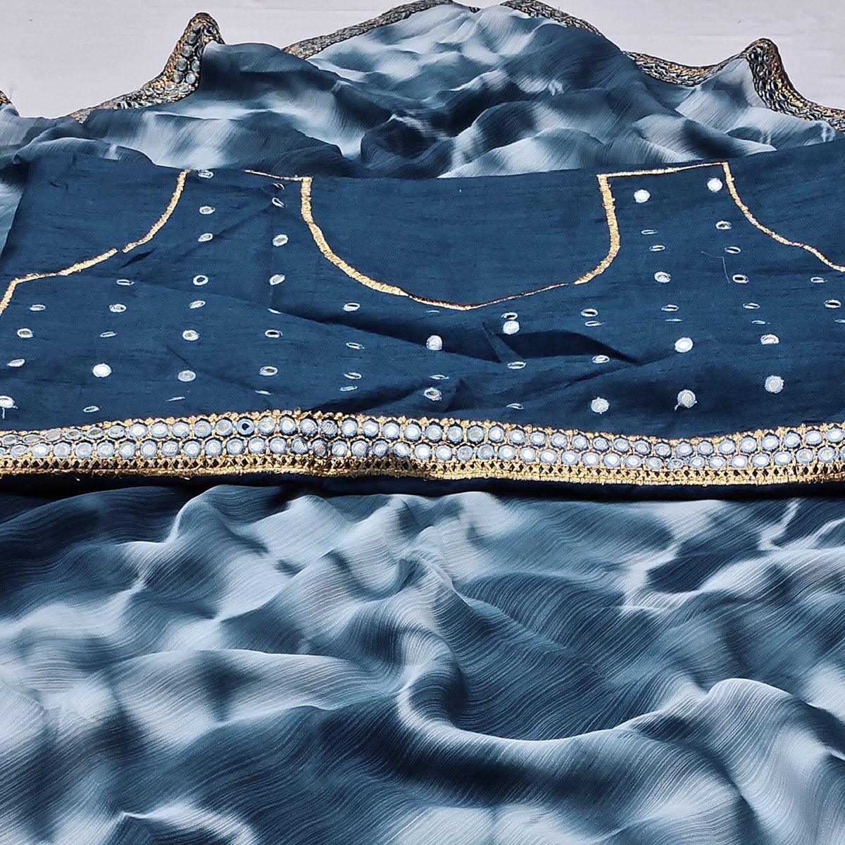 Blue Printed With Fancy Mirror Border Georgette Saree - Peachmode