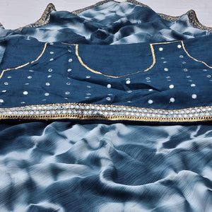 Blue Printed With Fancy Mirror Border Georgette Saree - Peachmode