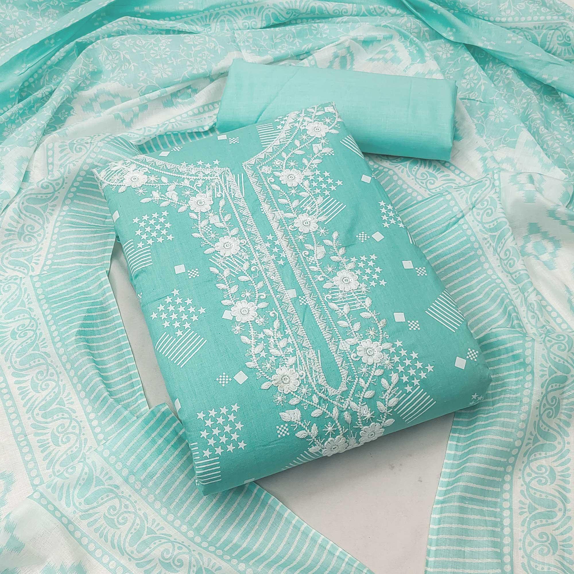 Blue Printed With Floral Embroidered Pure Cotton Dress Material - Peachmode