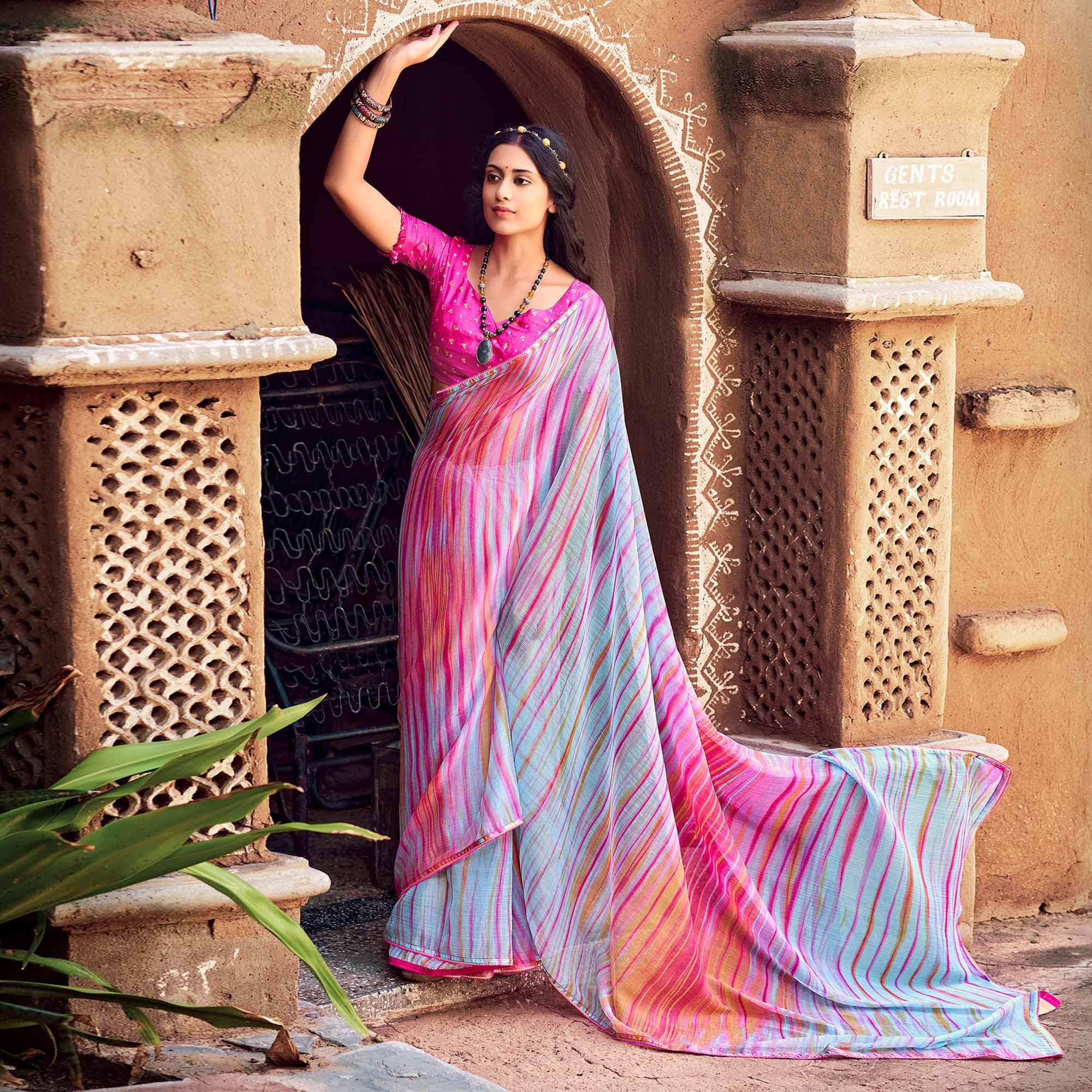 Blue Printed With Gota Patti Border Chiffon Saree - Peachmode