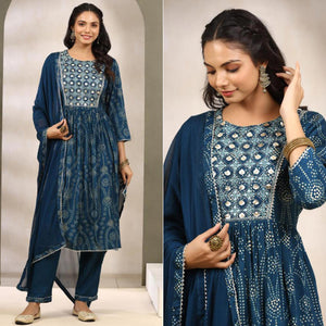 Blue Printed With Gota Patti Work Muslin Anarkali Suit - Peachmode