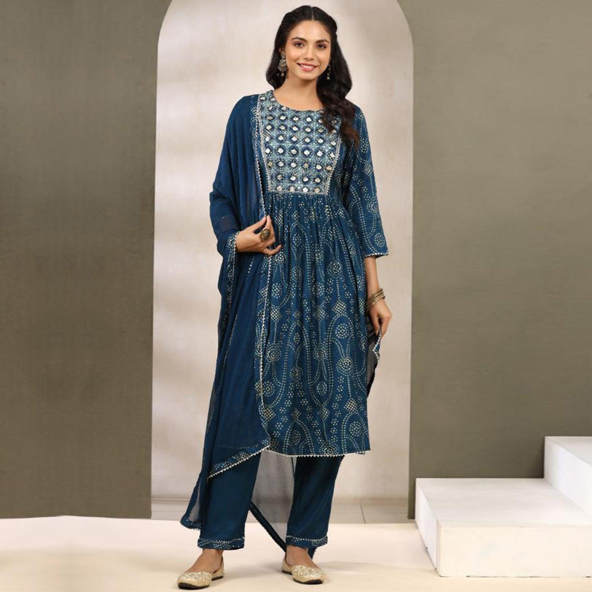 Blue Printed With Gota Patti Work Muslin Anarkali Suit - Peachmode