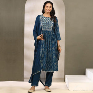 Blue Printed With Gota Patti Work Muslin Anarkali Suit - Peachmode