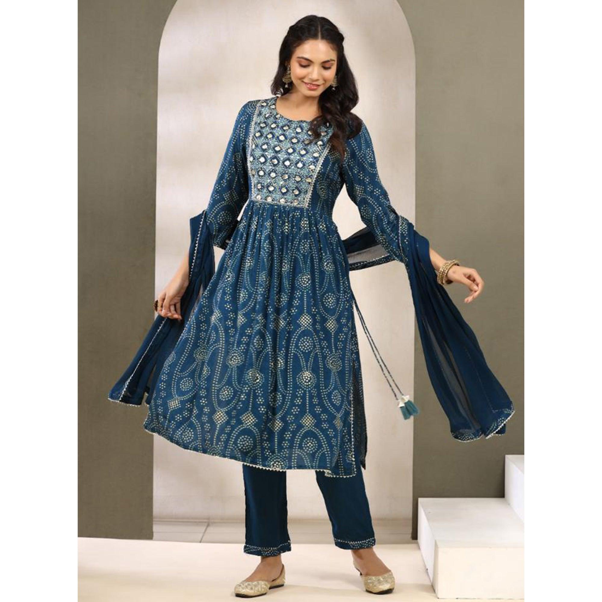 Blue Printed With Gota Patti Work Muslin Anarkali Suit - Peachmode