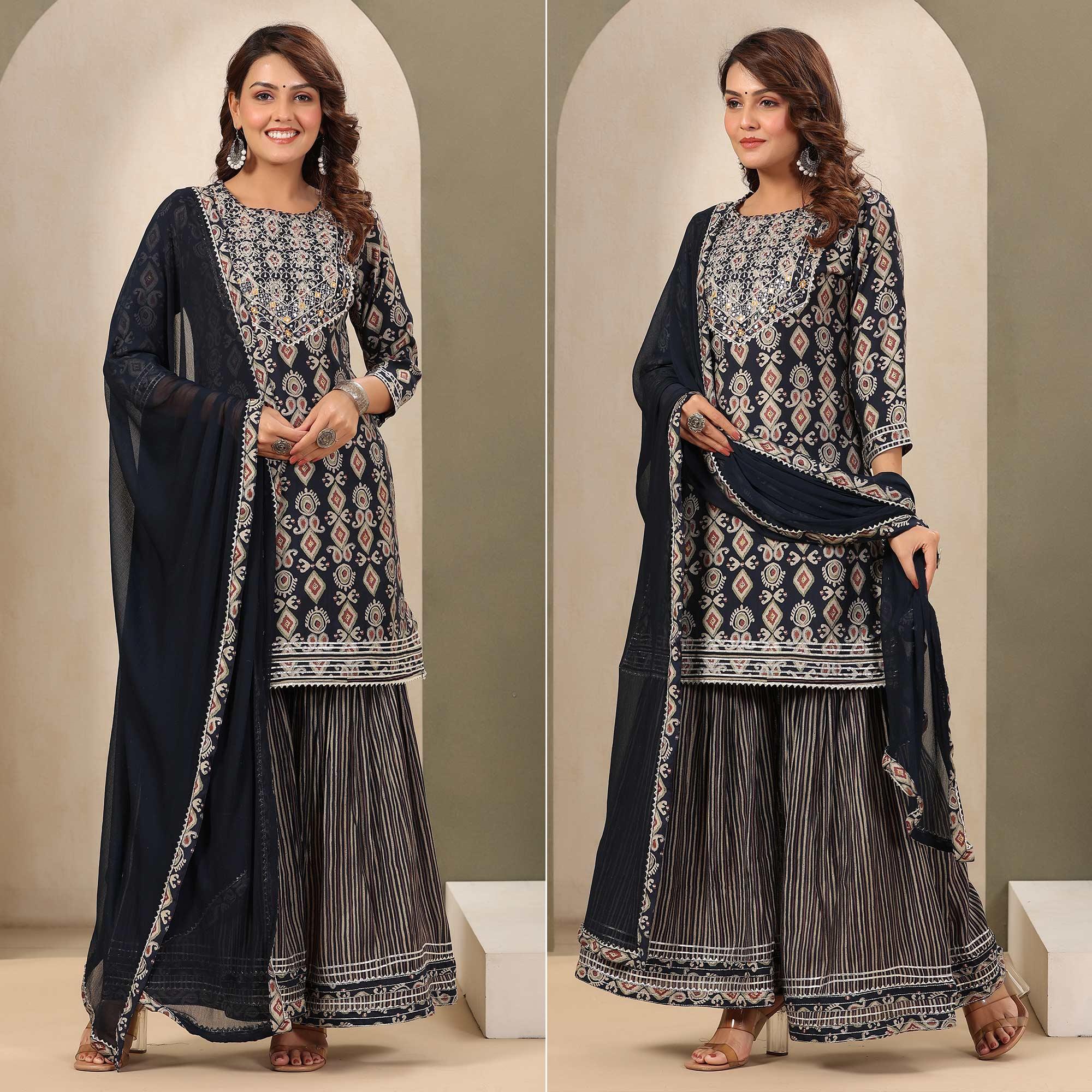 Blue Printed With Gota Work Muslin Sharara Suit - Peachmode