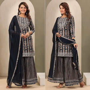 Blue Printed With Gota Work Muslin Sharara Suit - Peachmode