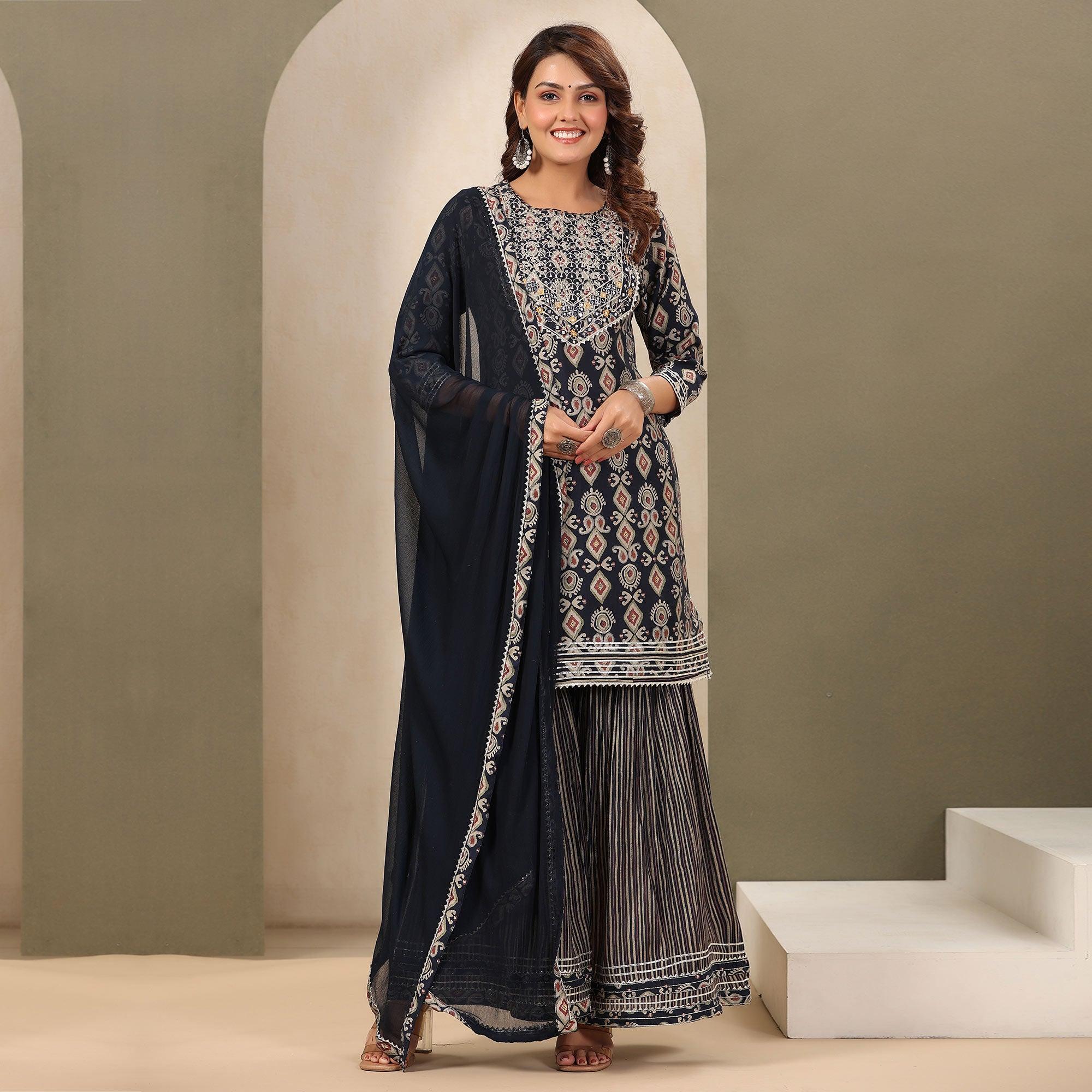 Blue Printed With Gota Work Muslin Sharara Suit - Peachmode
