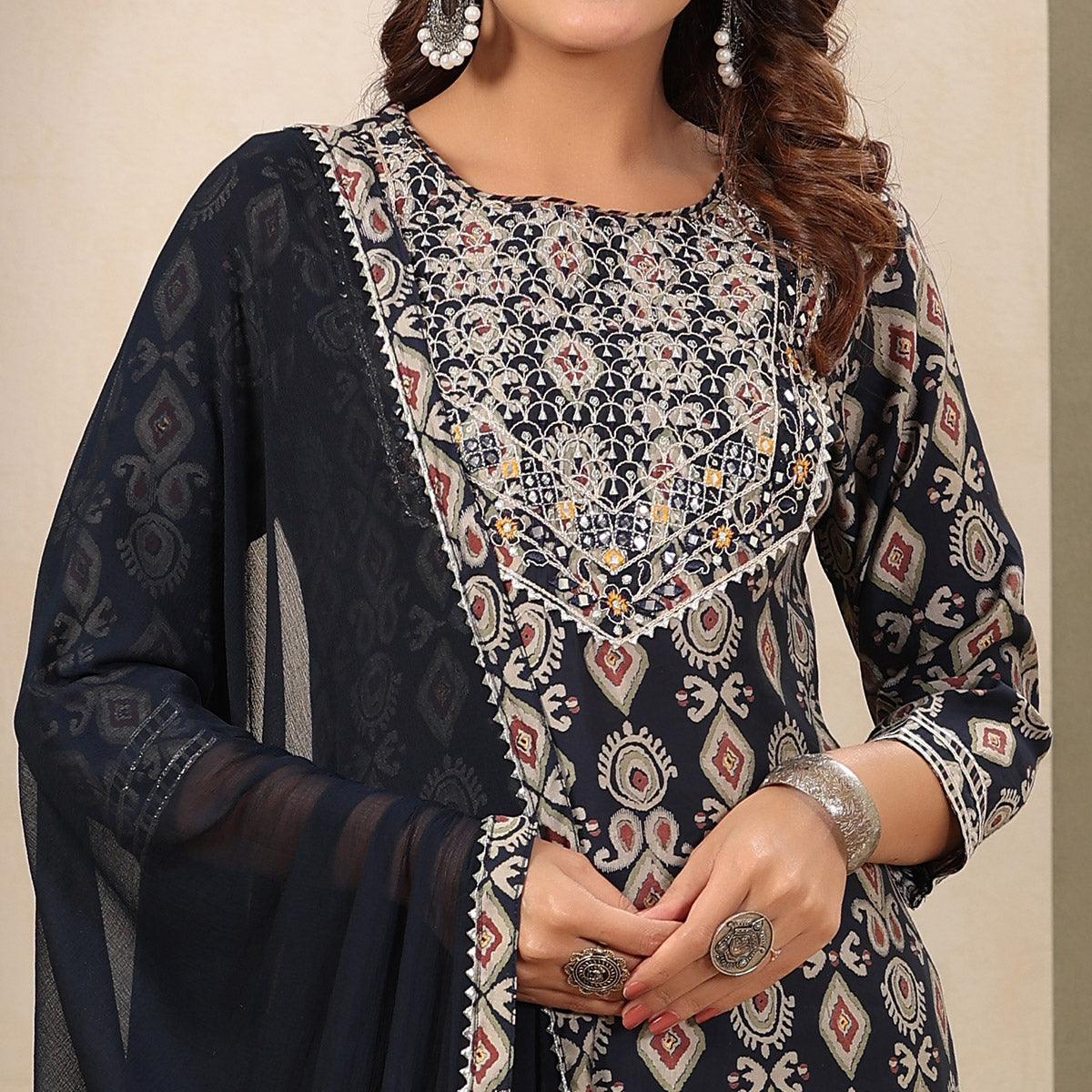 Blue Printed With Gota Work Muslin Sharara Suit - Peachmode