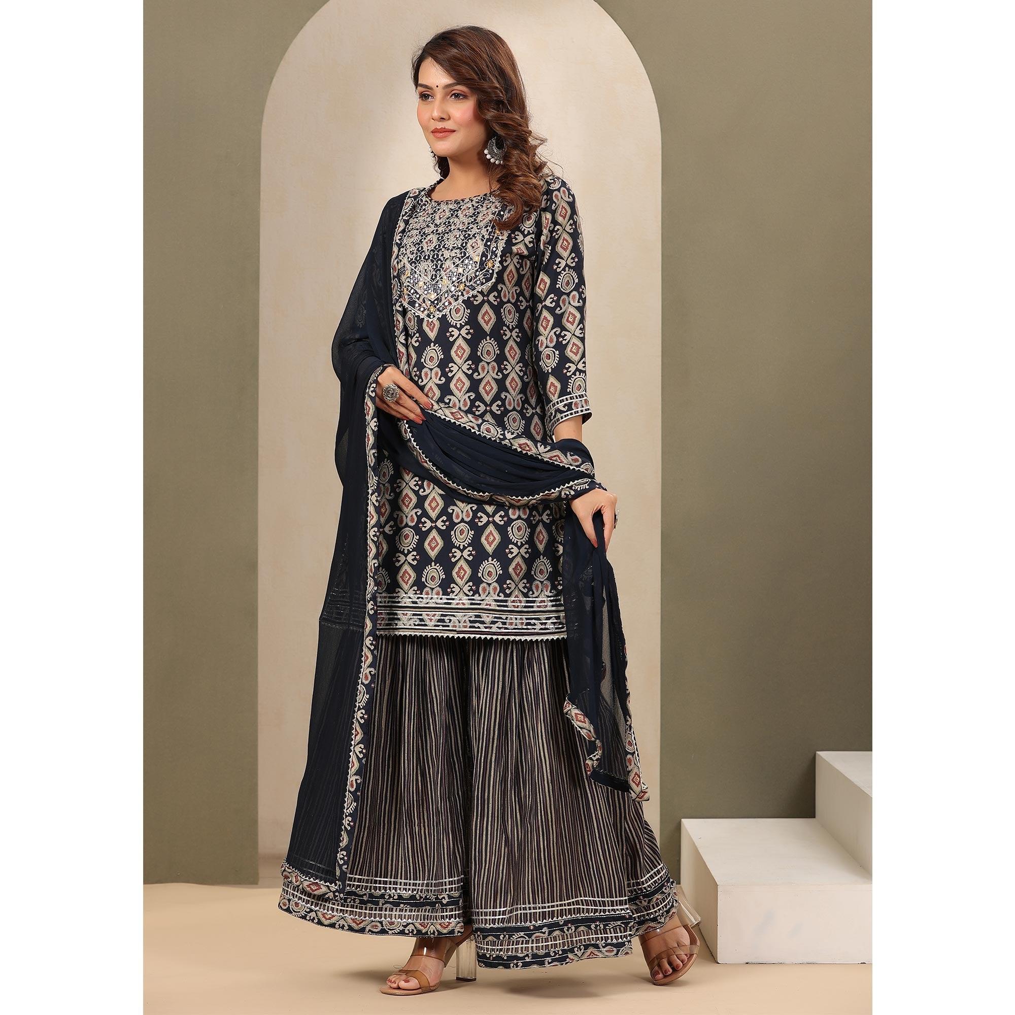 Blue Printed With Gota Work Muslin Sharara Suit - Peachmode