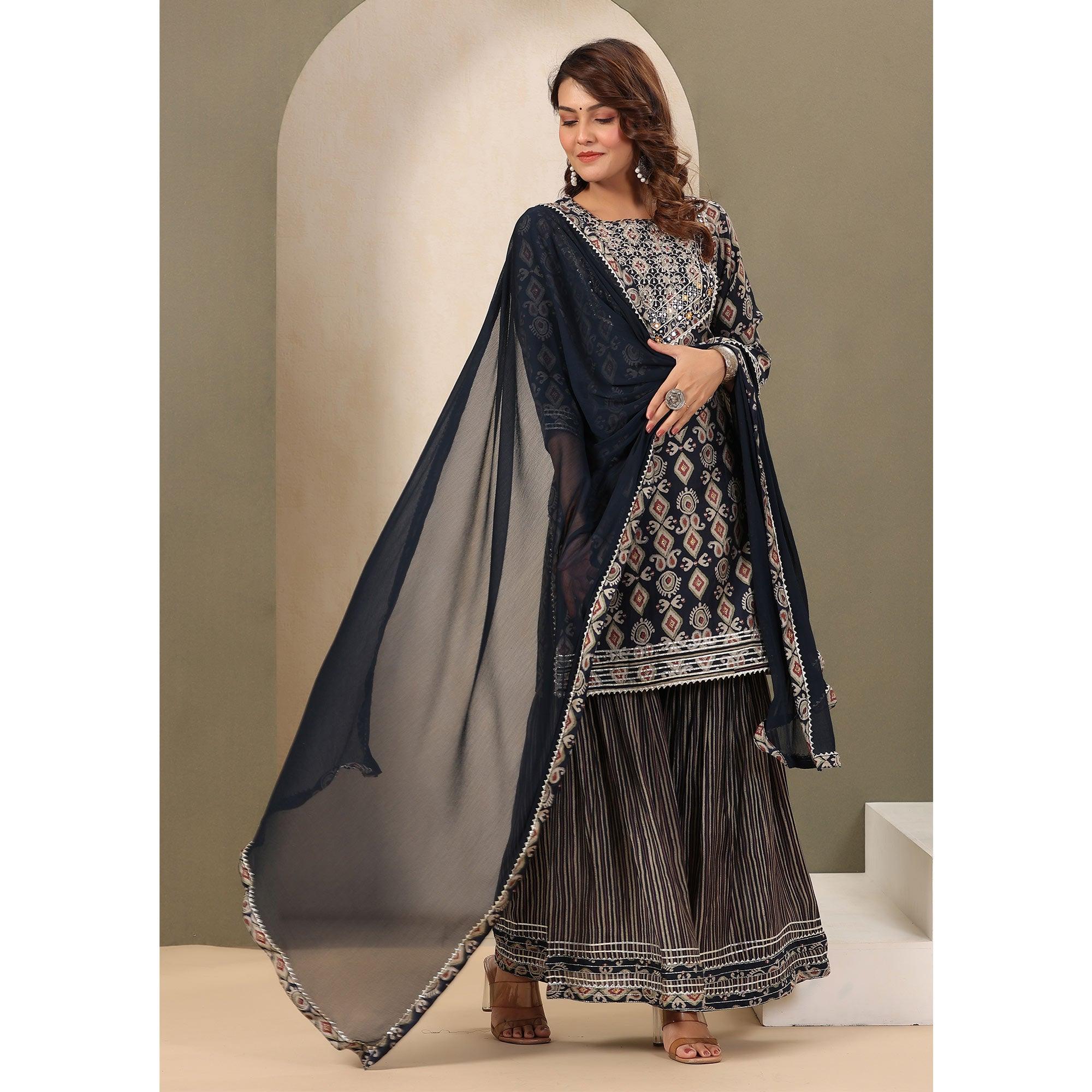 Blue Printed With Gota Work Muslin Sharara Suit - Peachmode