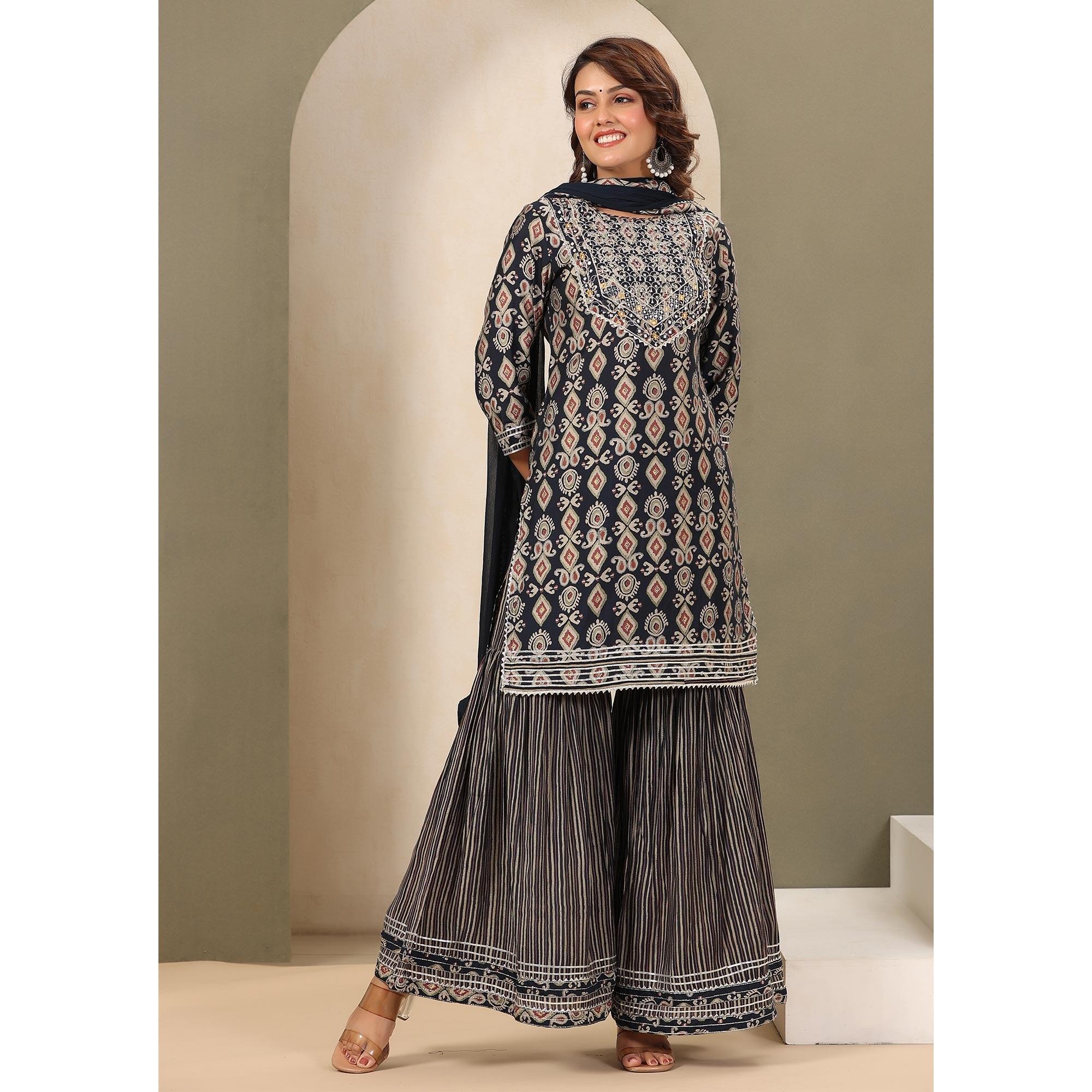 Blue Printed With Gota Work Muslin Sharara Suit - Peachmode