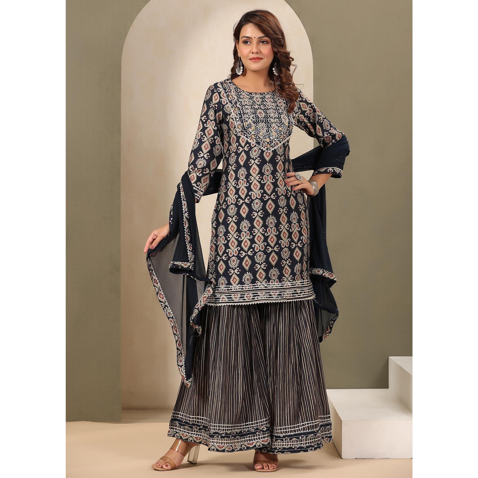 Blue Printed With Gota Work Muslin Sharara Suit - Peachmode