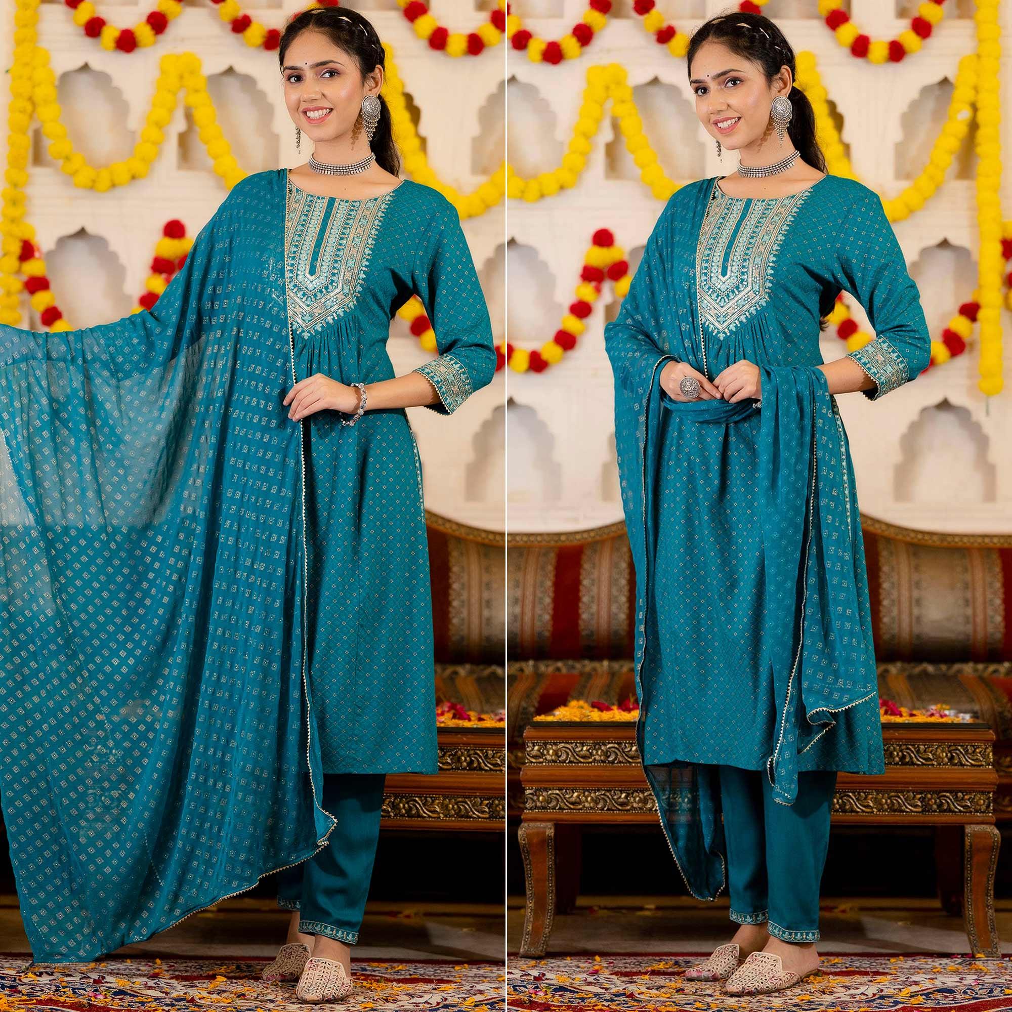 Blue Printed With Sequence Embroidered Pure Cotton Salwar Suit - Peachmode