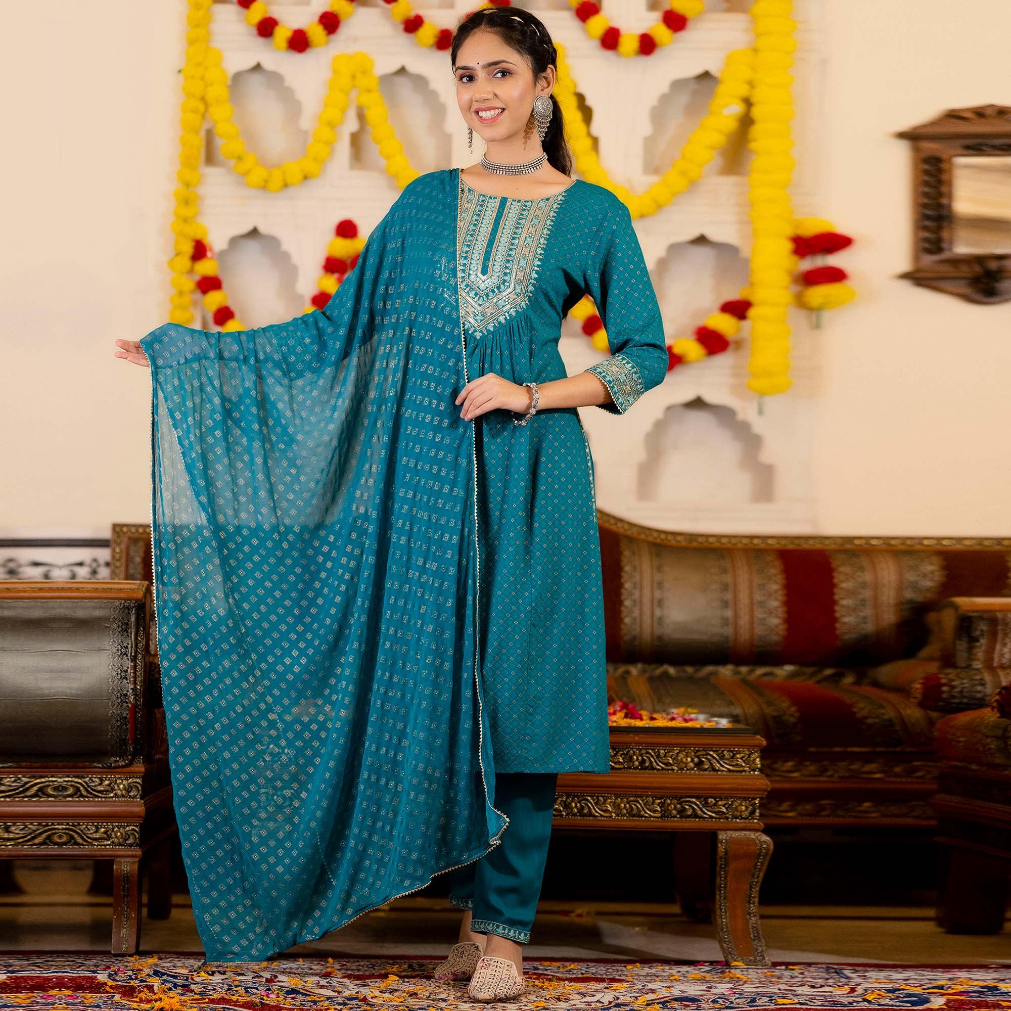 Blue Printed With Sequence Embroidered Pure Cotton Salwar Suit - Peachmode