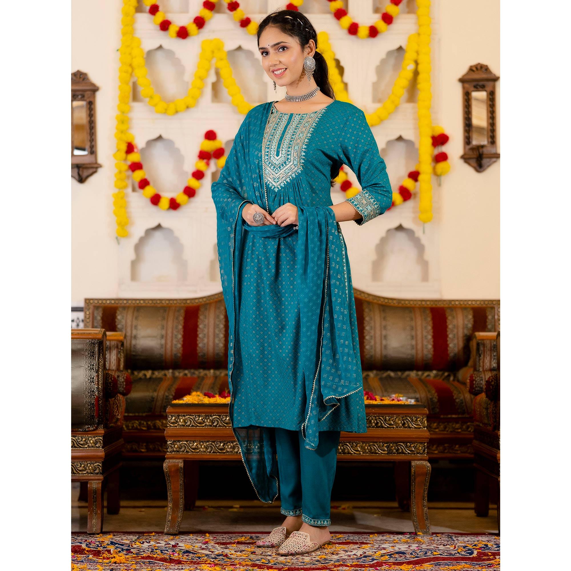 Blue Printed With Sequence Embroidered Pure Cotton Salwar Suit - Peachmode
