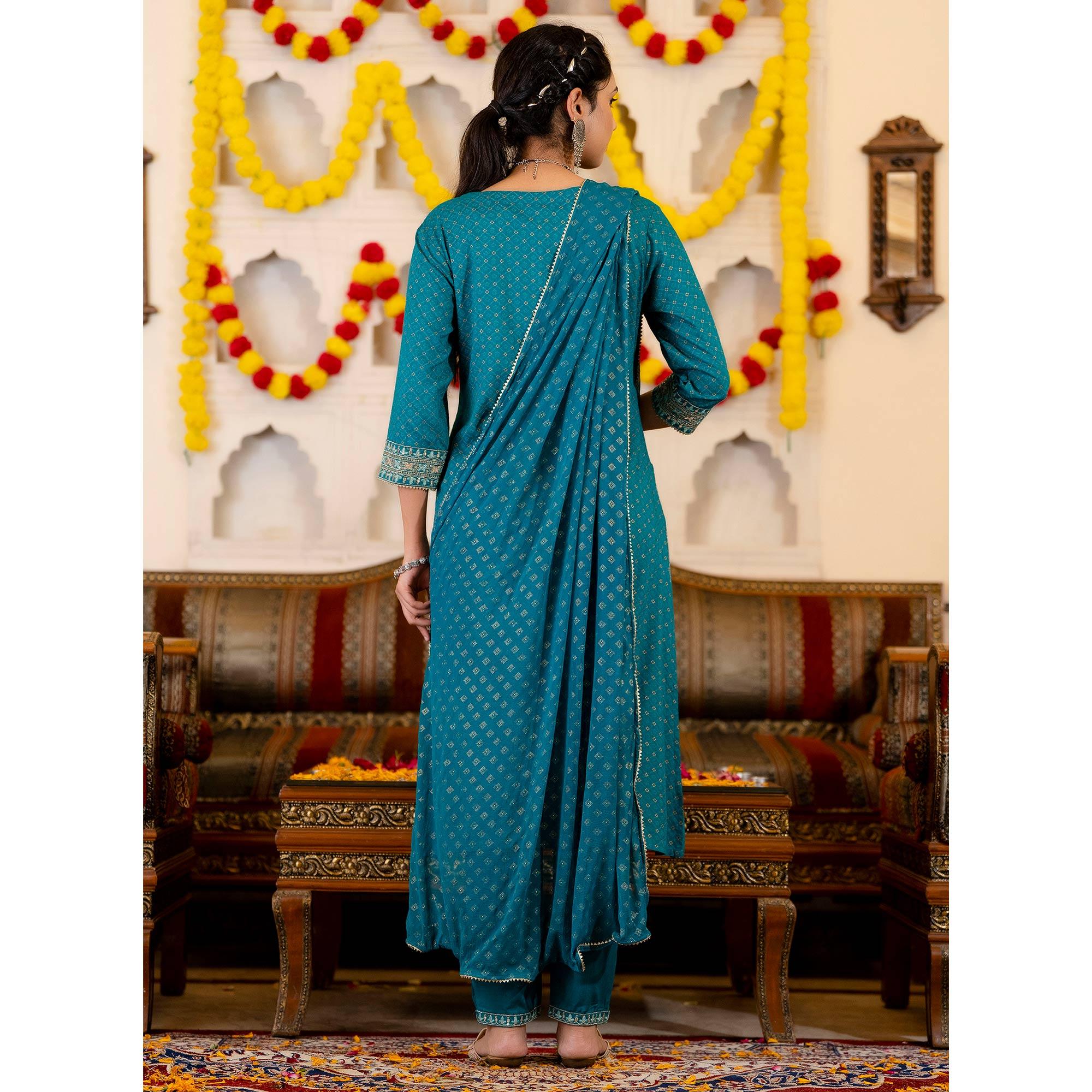 Blue Printed With Sequence Embroidered Pure Cotton Salwar Suit - Peachmode