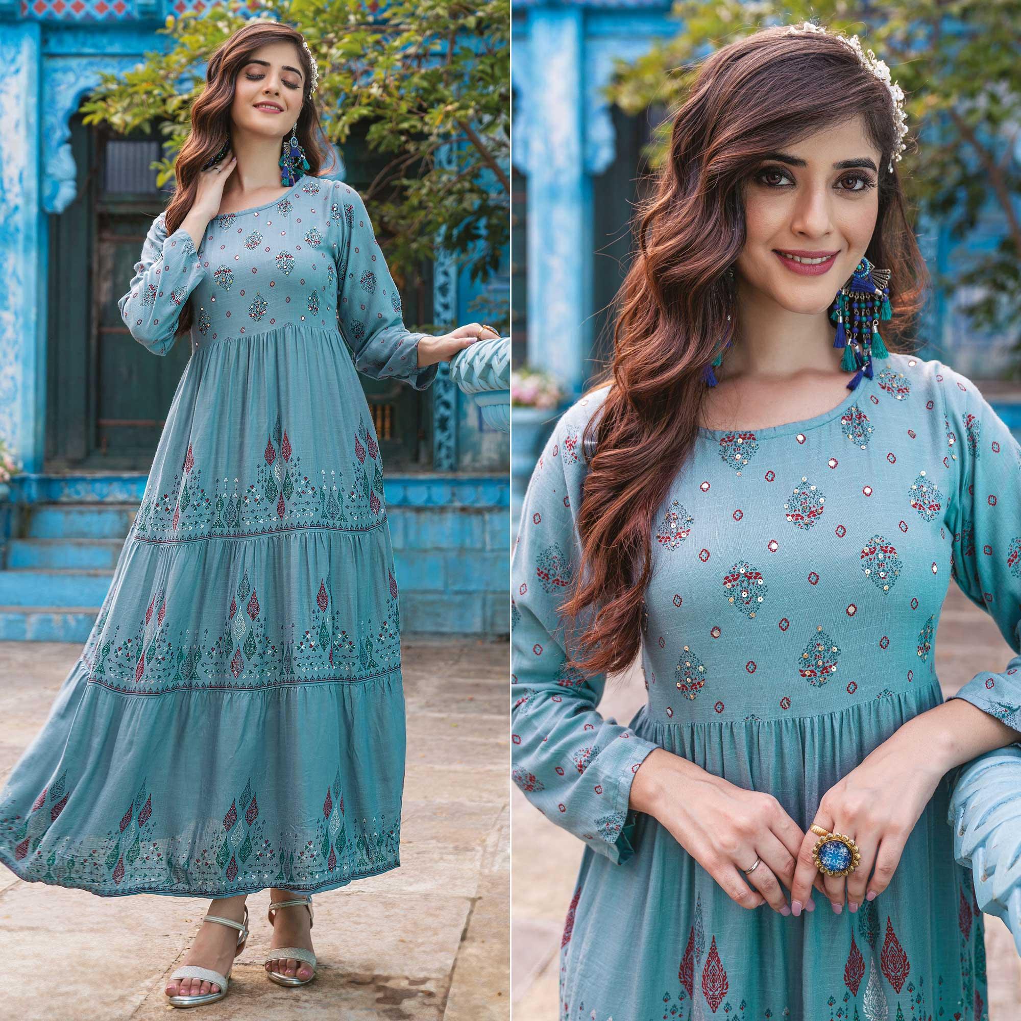 Blue Printed With Sequence Embroidered Rayon Kurti - Peachmode