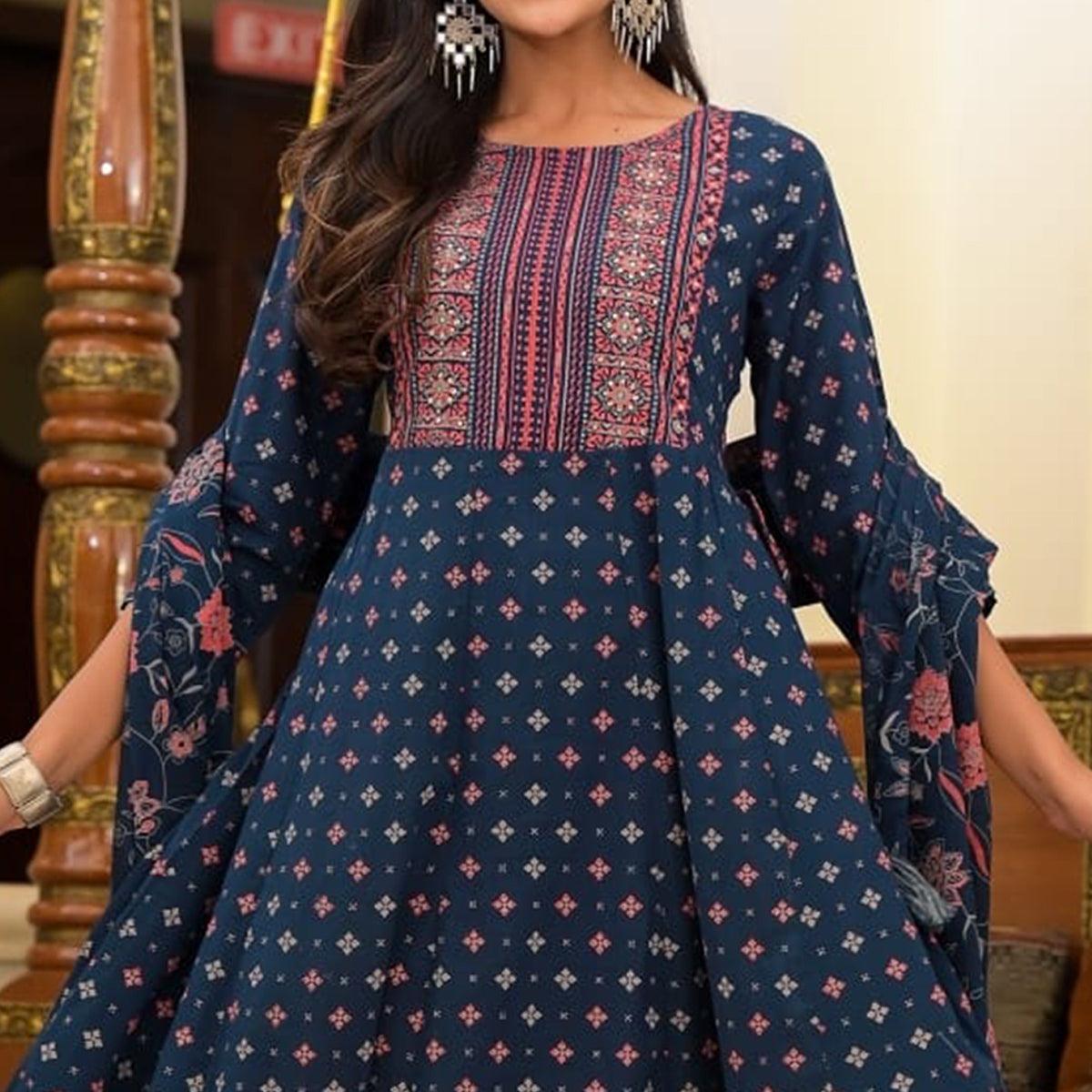 Blue Printed With Sequence Work Pure Cotton Gown - Peachmode