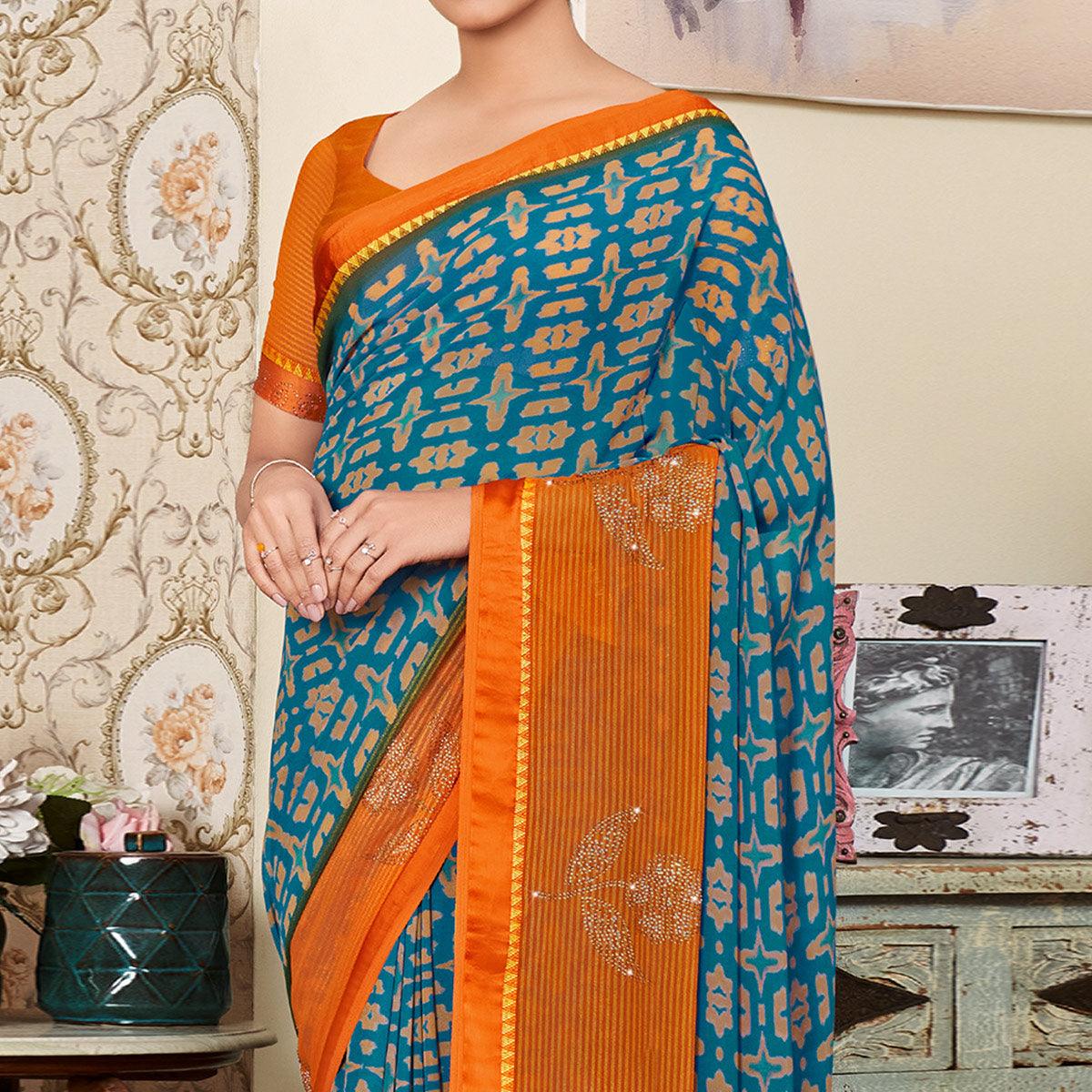 Blue Printed With Swarovski Work Georgette Saree - Peachmode
