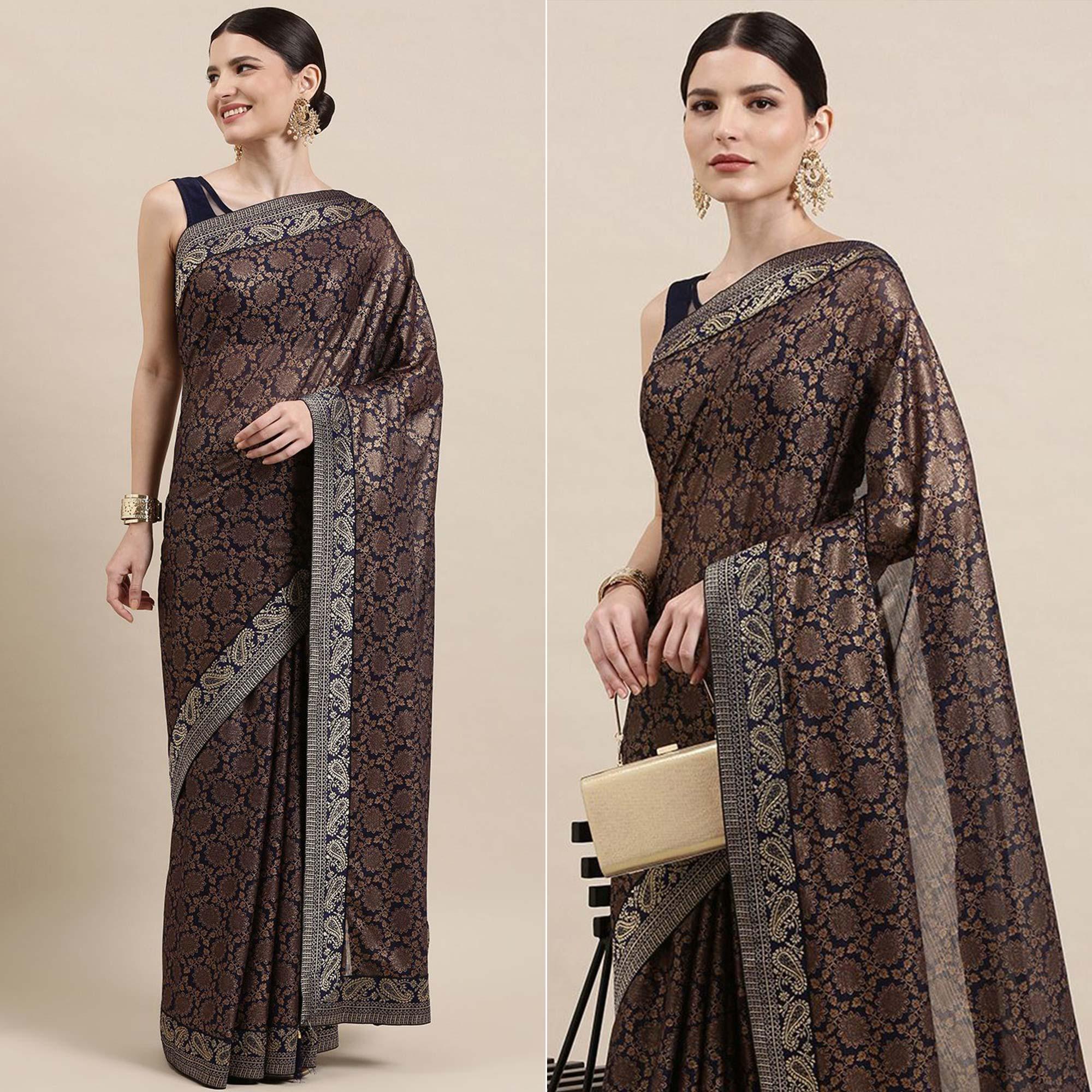 Blue Printed With Woven Border Art Silk Saree - Peachmode