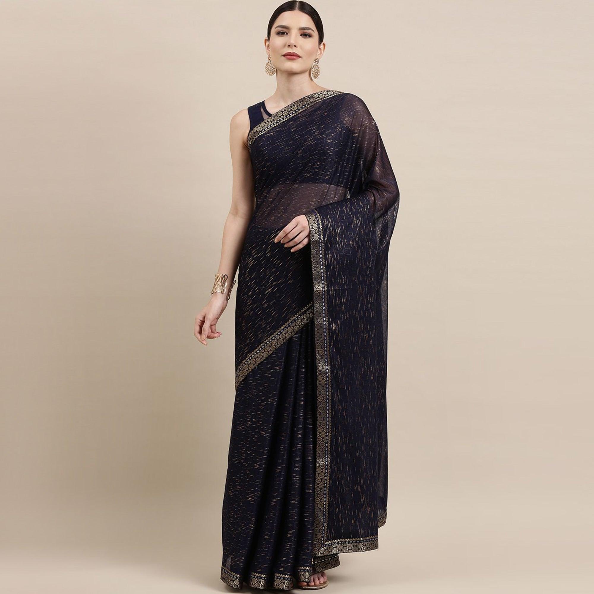 Blue Printed With Woven Border Art Silk Saree - Peachmode