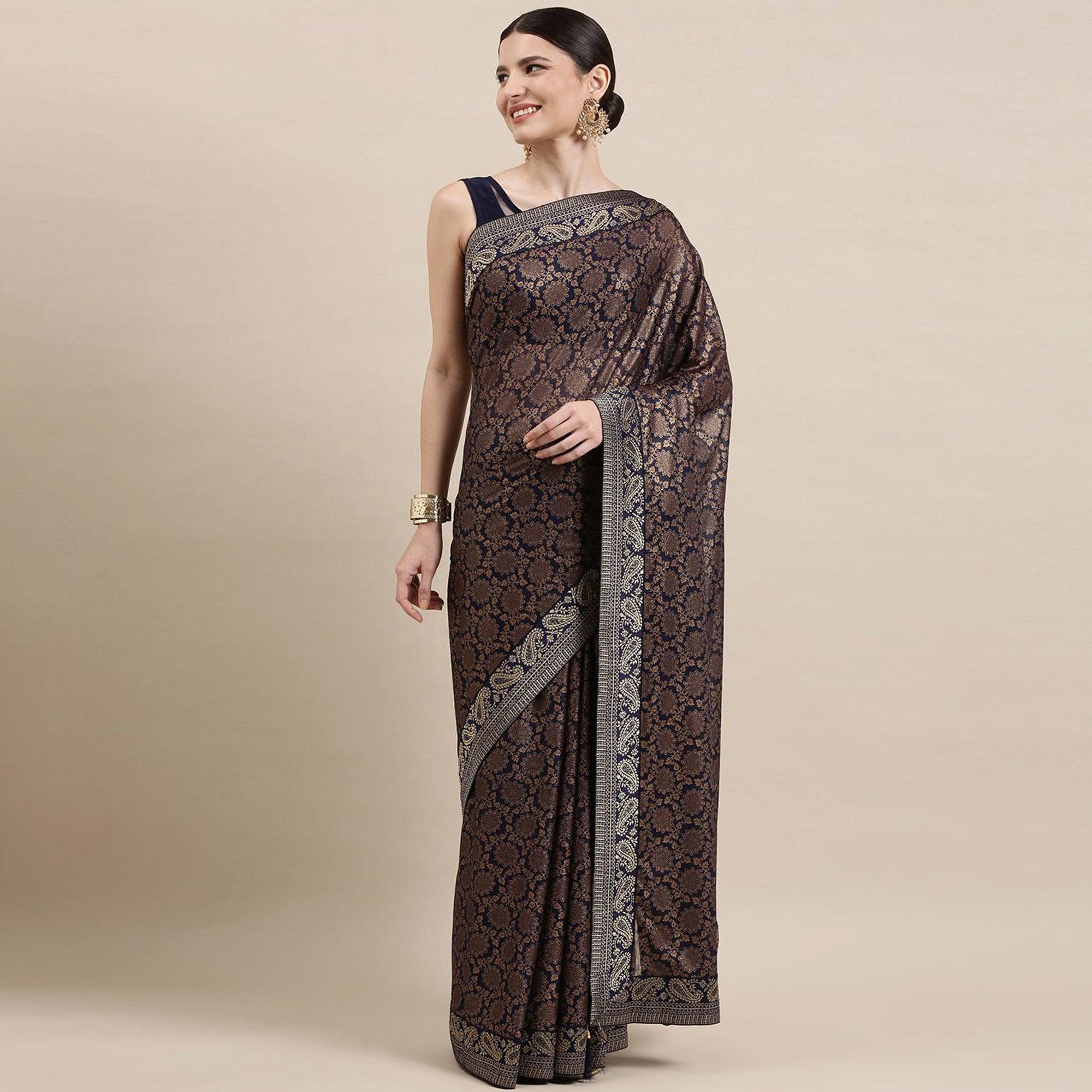 Blue Printed With Woven Border Art Silk Saree - Peachmode