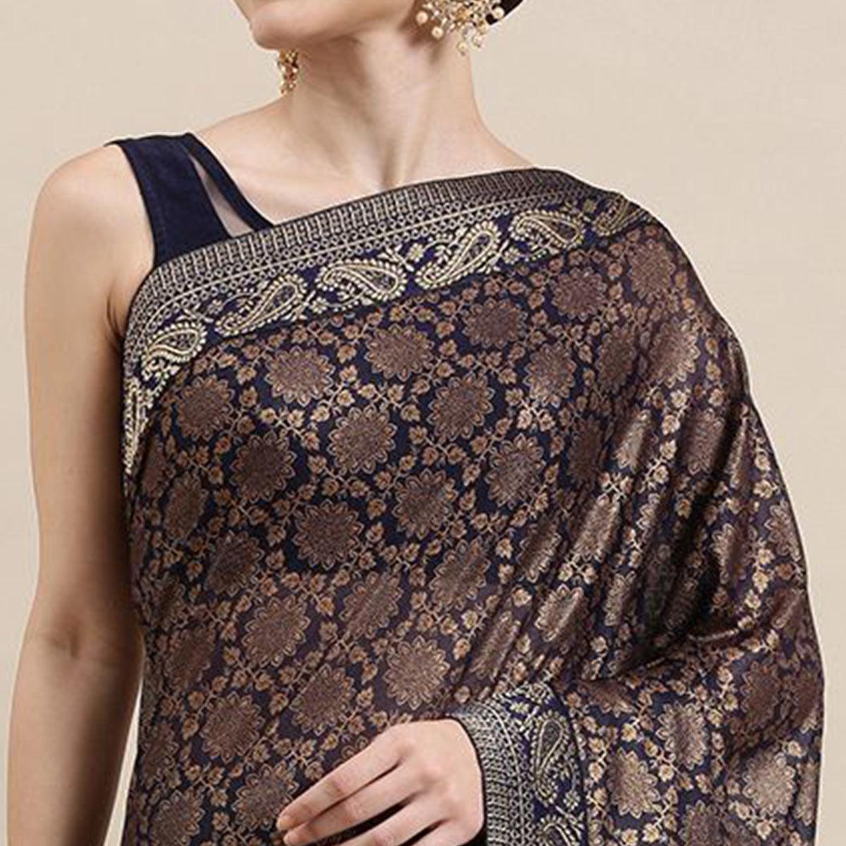 Blue Printed With Woven Border Art Silk Saree - Peachmode
