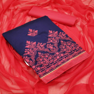 Blue - Red Embroidered Chanderi Dress Material - Peachmode