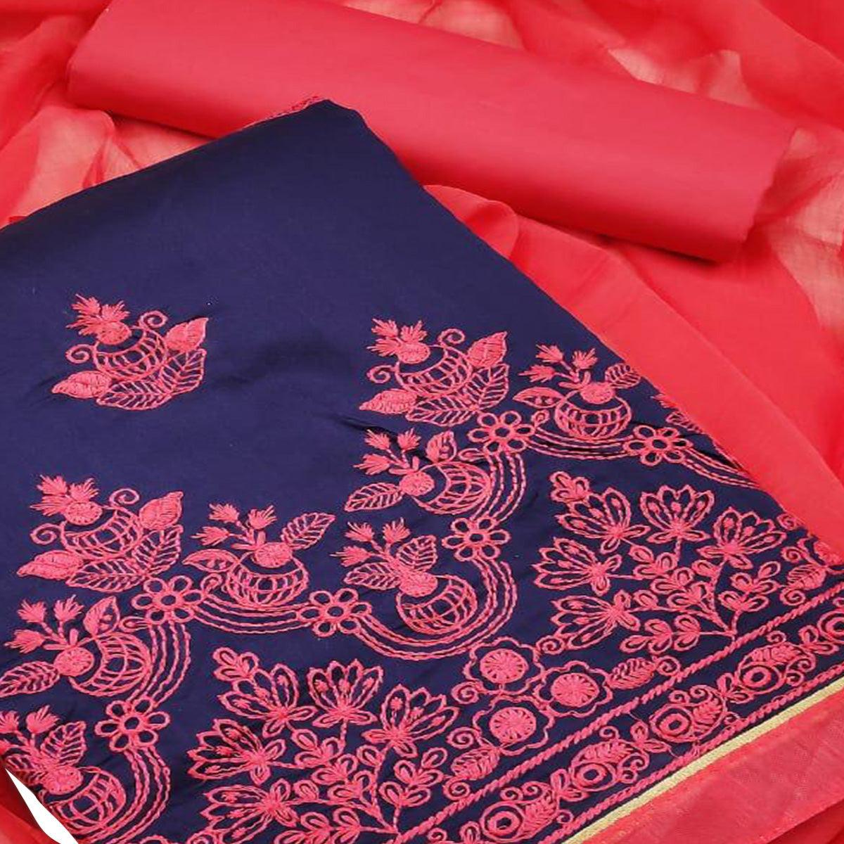 Blue - Red Embroidered Chanderi Dress Material - Peachmode