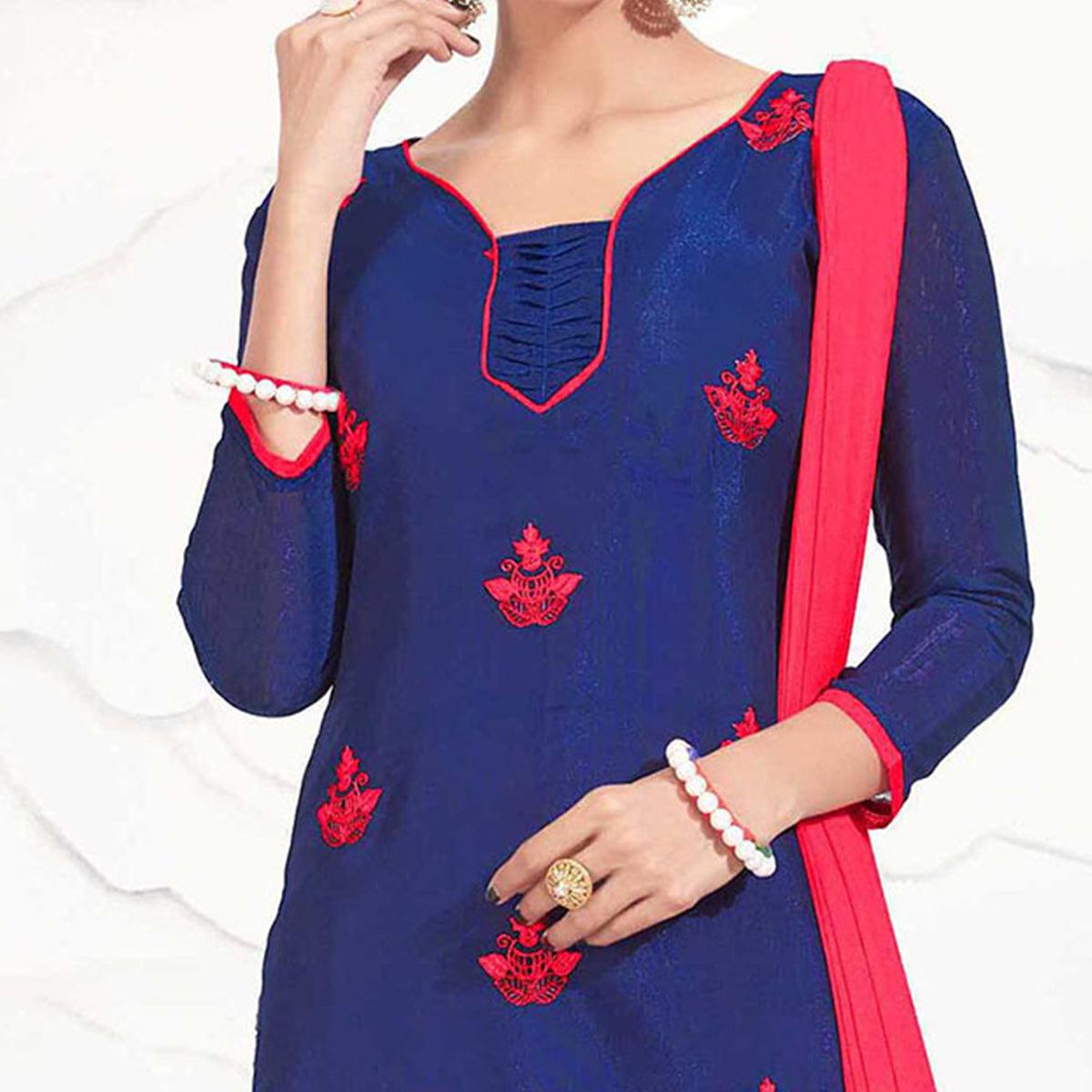 Blue - Red Embroidered Chanderi Dress Material - Peachmode