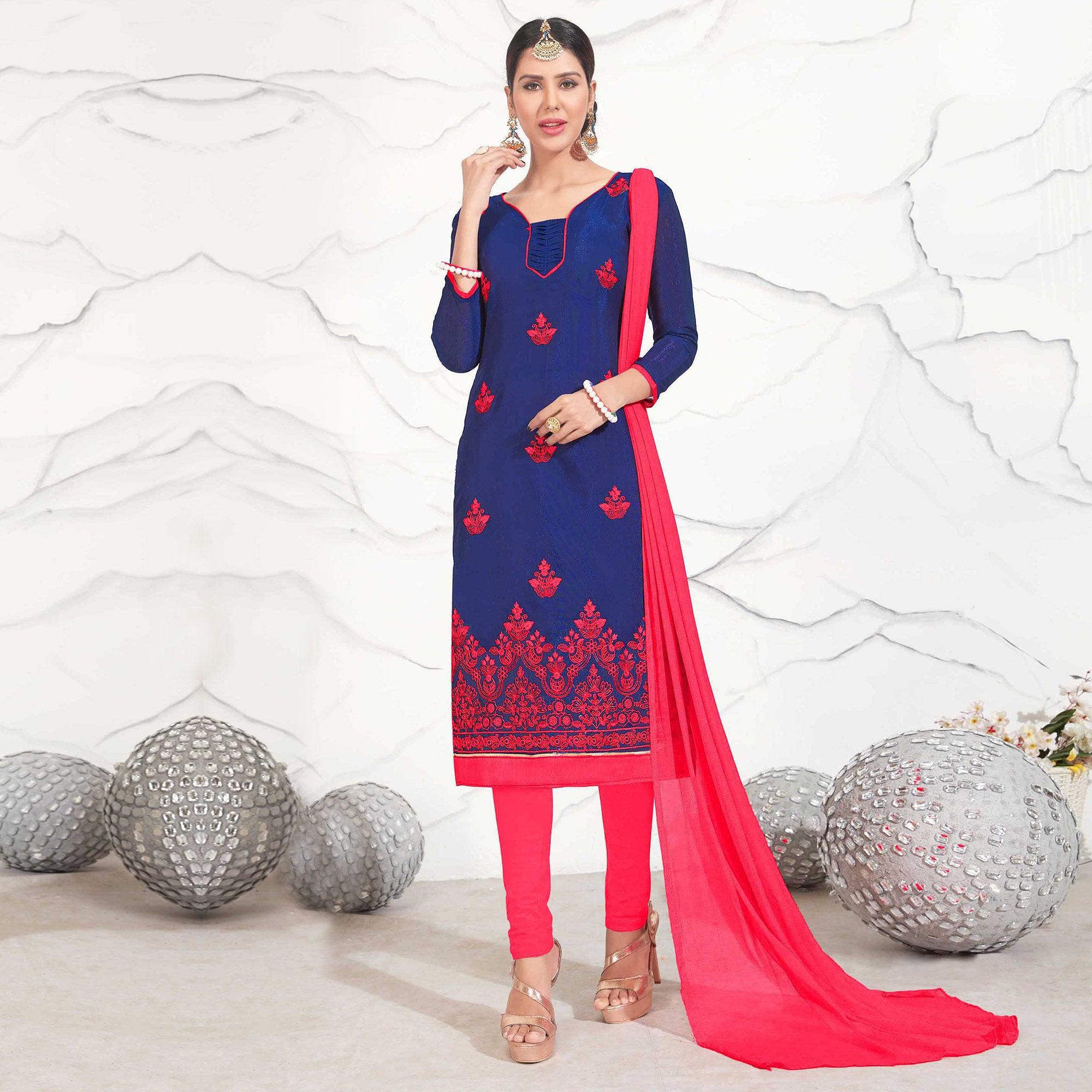 Blue - Red Embroidered Chanderi Dress Material - Peachmode