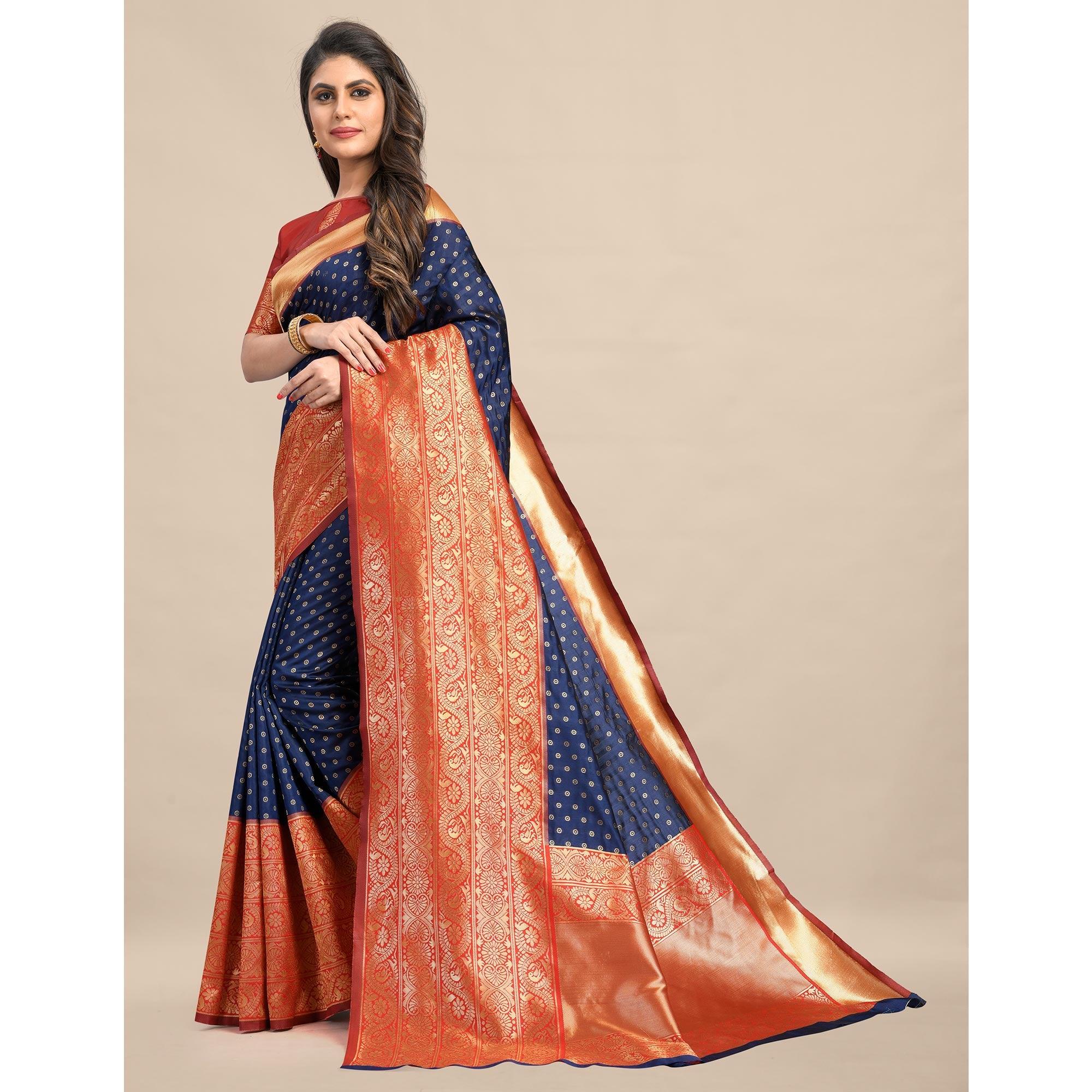 Blue-Red Festive Wear Rich Woven Border Soft Banarasi Silk Saree - Peachmode