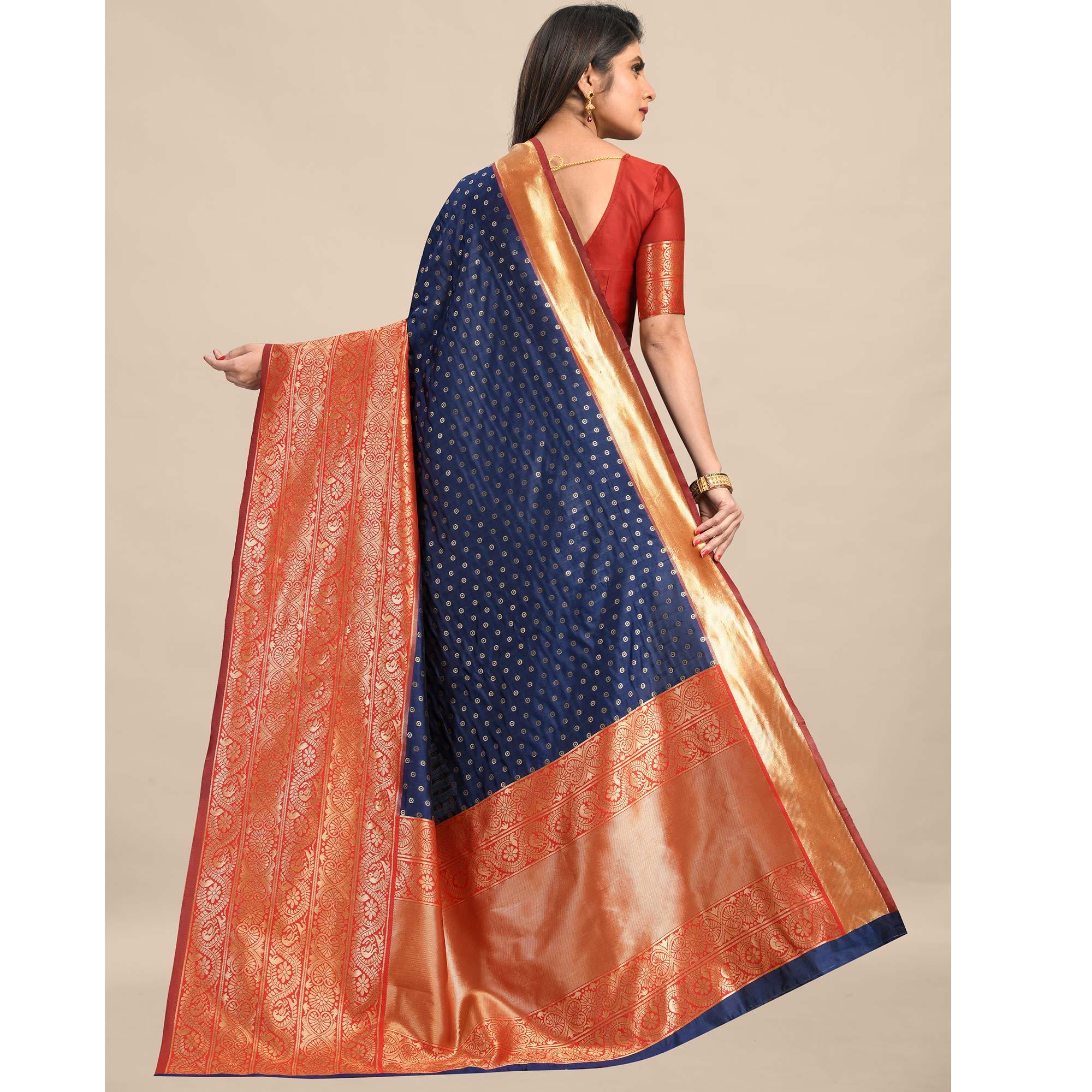 Blue-Red Festive Wear Rich Woven Border Soft Banarasi Silk Saree - Peachmode