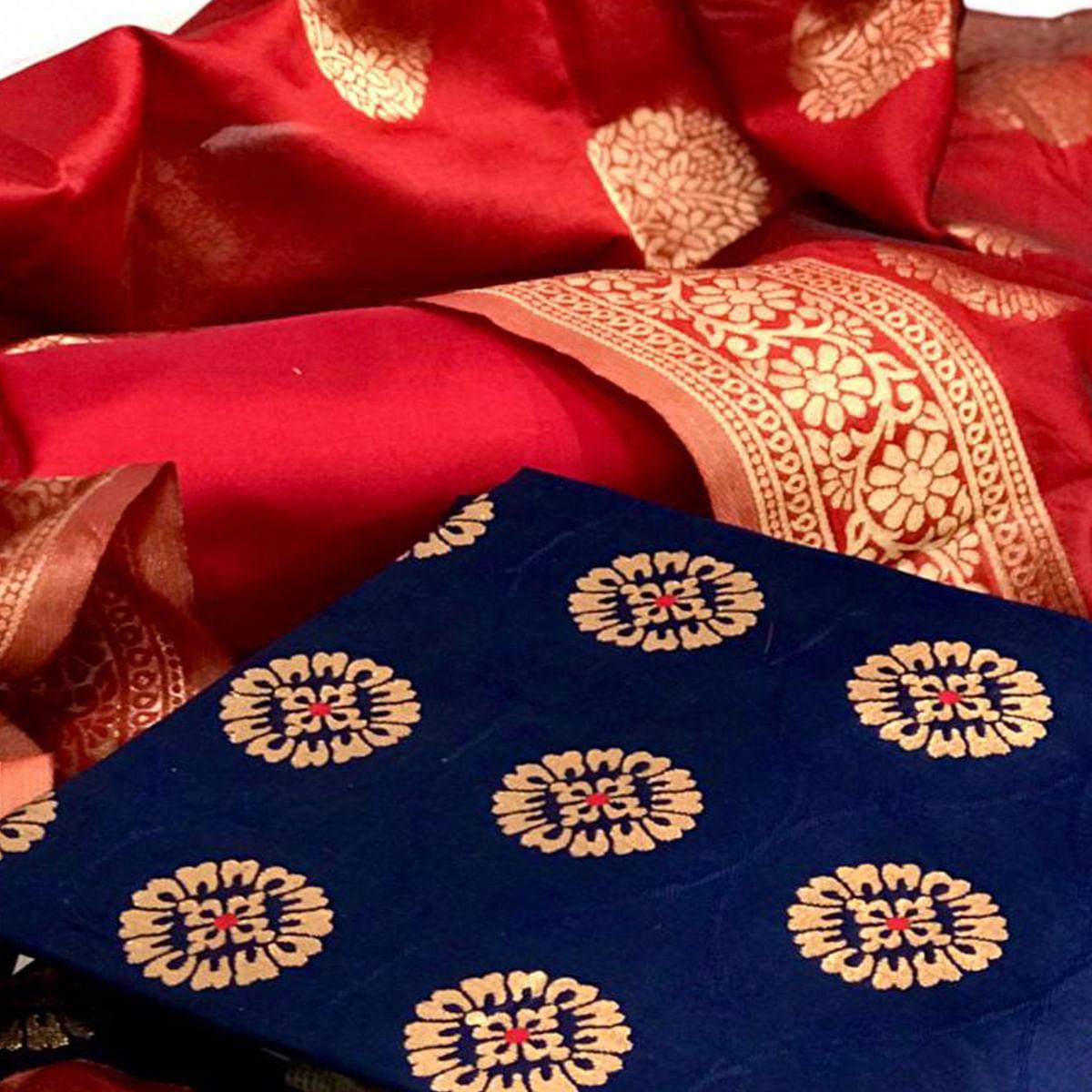 Blue-Red Festive Wear Woven Banarasi Silk Dress Material - Peachmode