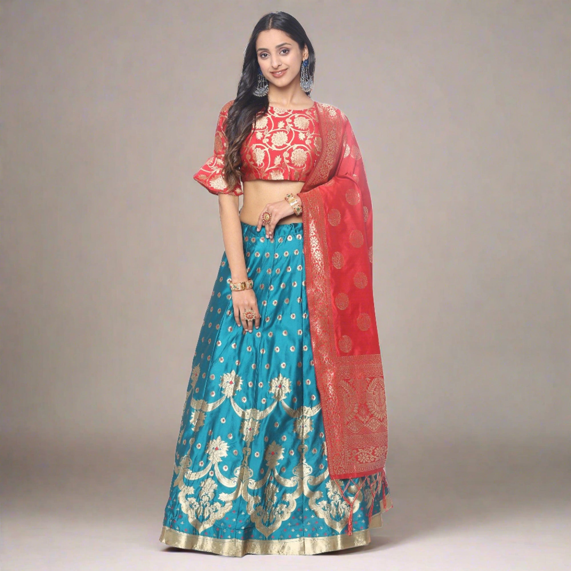 Blue-Red Festive Wear Woven Jacquard Lehenga Choli - Peachmode