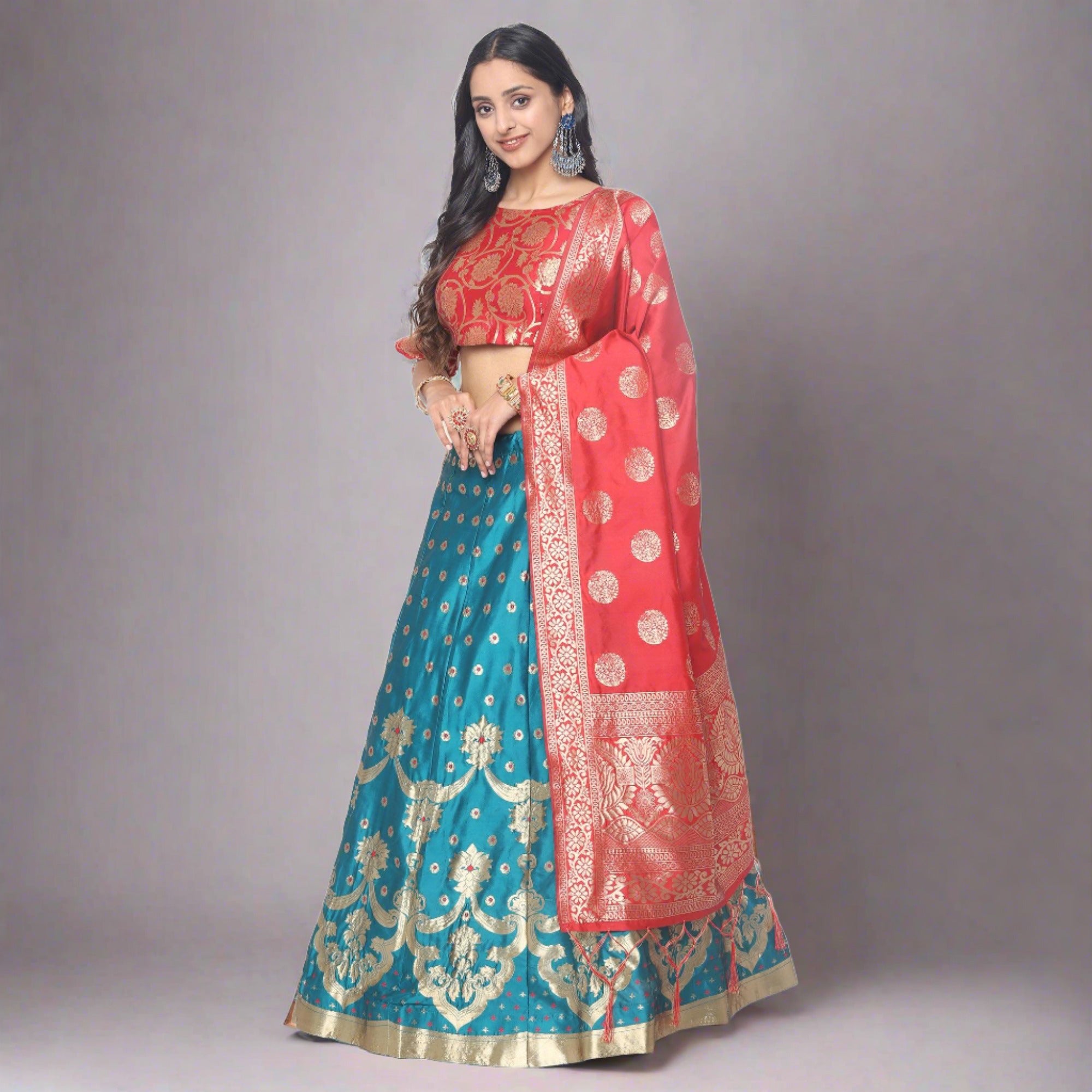 Blue-Red Festive Wear Woven Jacquard Lehenga Choli - Peachmode