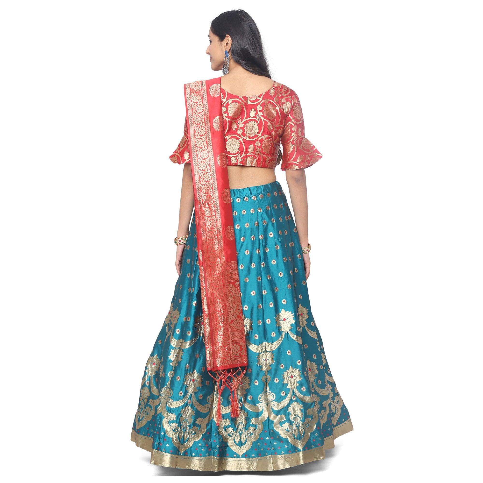 Blue-Red Festive Wear Woven Jacquard Lehenga Choli - Peachmode