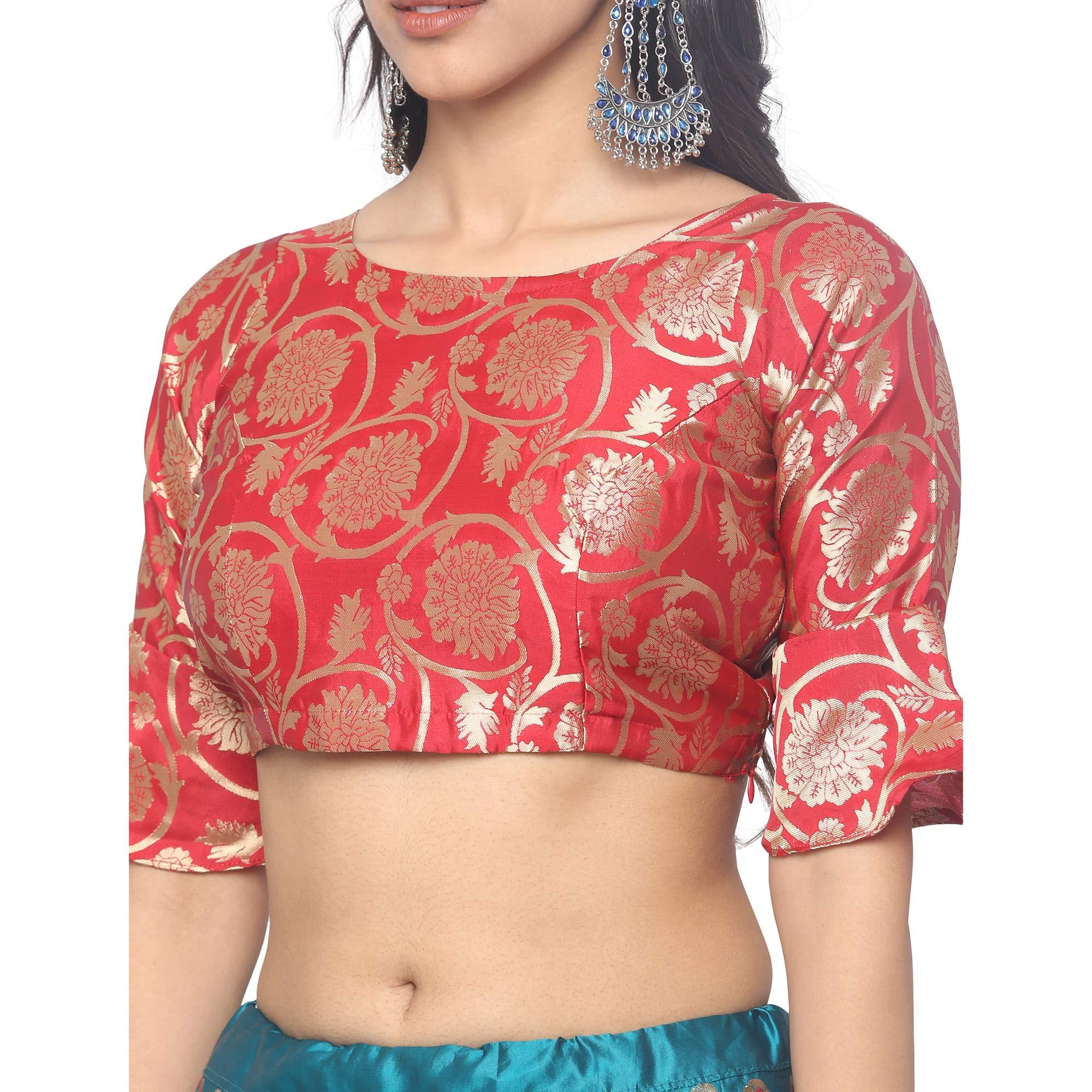 Blue-Red Festive Wear Woven Jacquard Lehenga Choli - Peachmode
