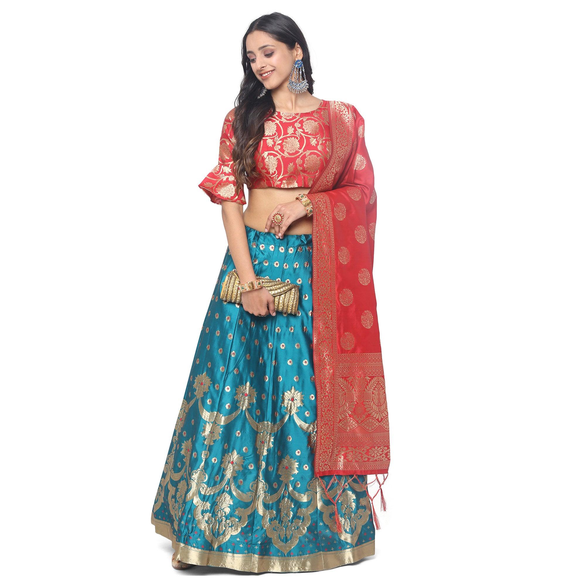 Blue-Red Festive Wear Woven Jacquard Lehenga Choli - Peachmode