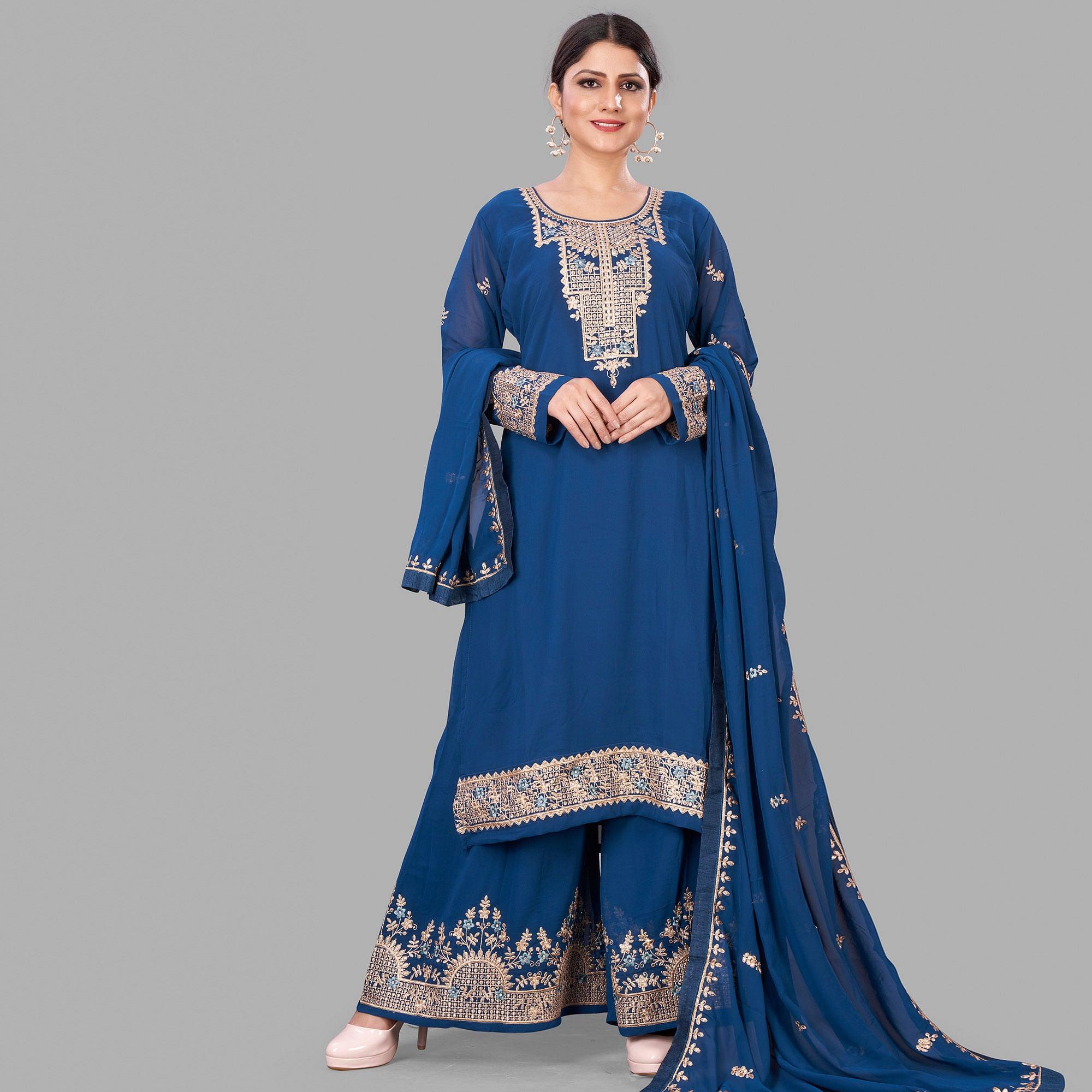 Blue Semi Party Wear Embroidered Heavy Georgette Palazzo Suit - Peachmode