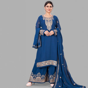 Blue Semi Party Wear Embroidered Heavy Georgette Palazzo Suit - Peachmode