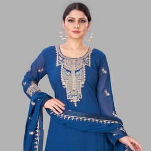 Blue Semi Party Wear Embroidered Heavy Georgette Palazzo Suit - Peachmode