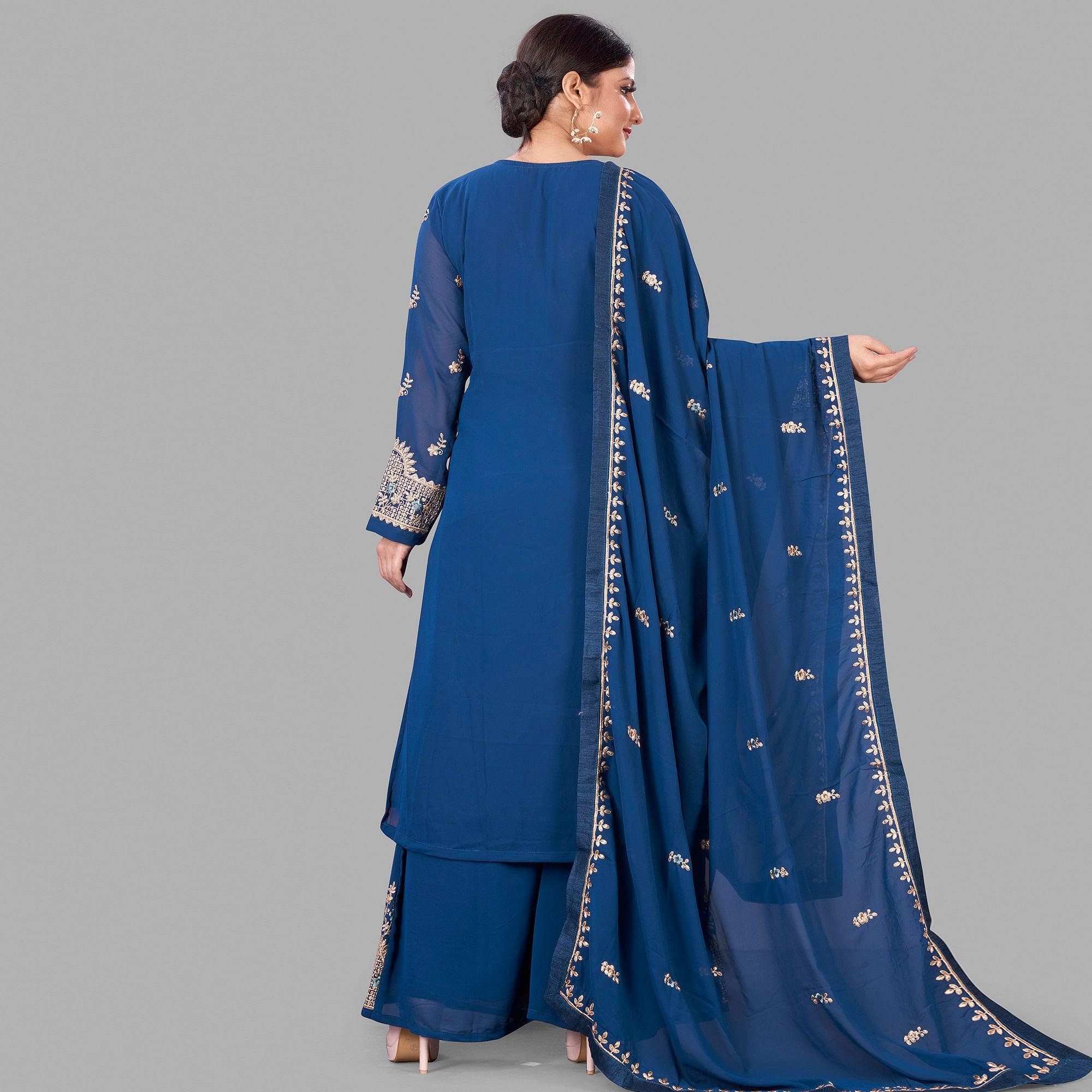 Blue Semi Party Wear Embroidered Heavy Georgette Palazzo Suit - Peachmode