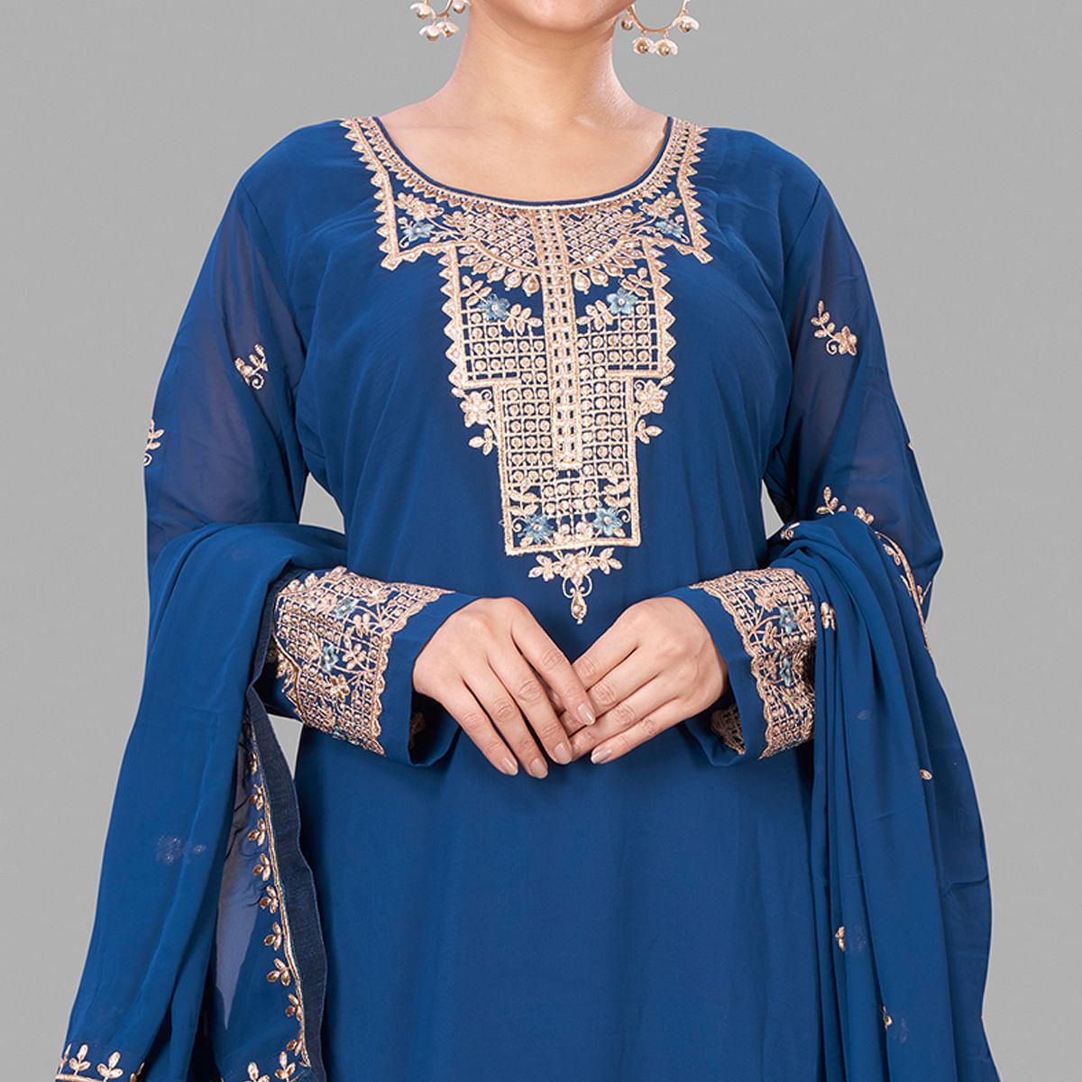 Blue Semi Party Wear Embroidered Heavy Georgette Palazzo Suit - Peachmode