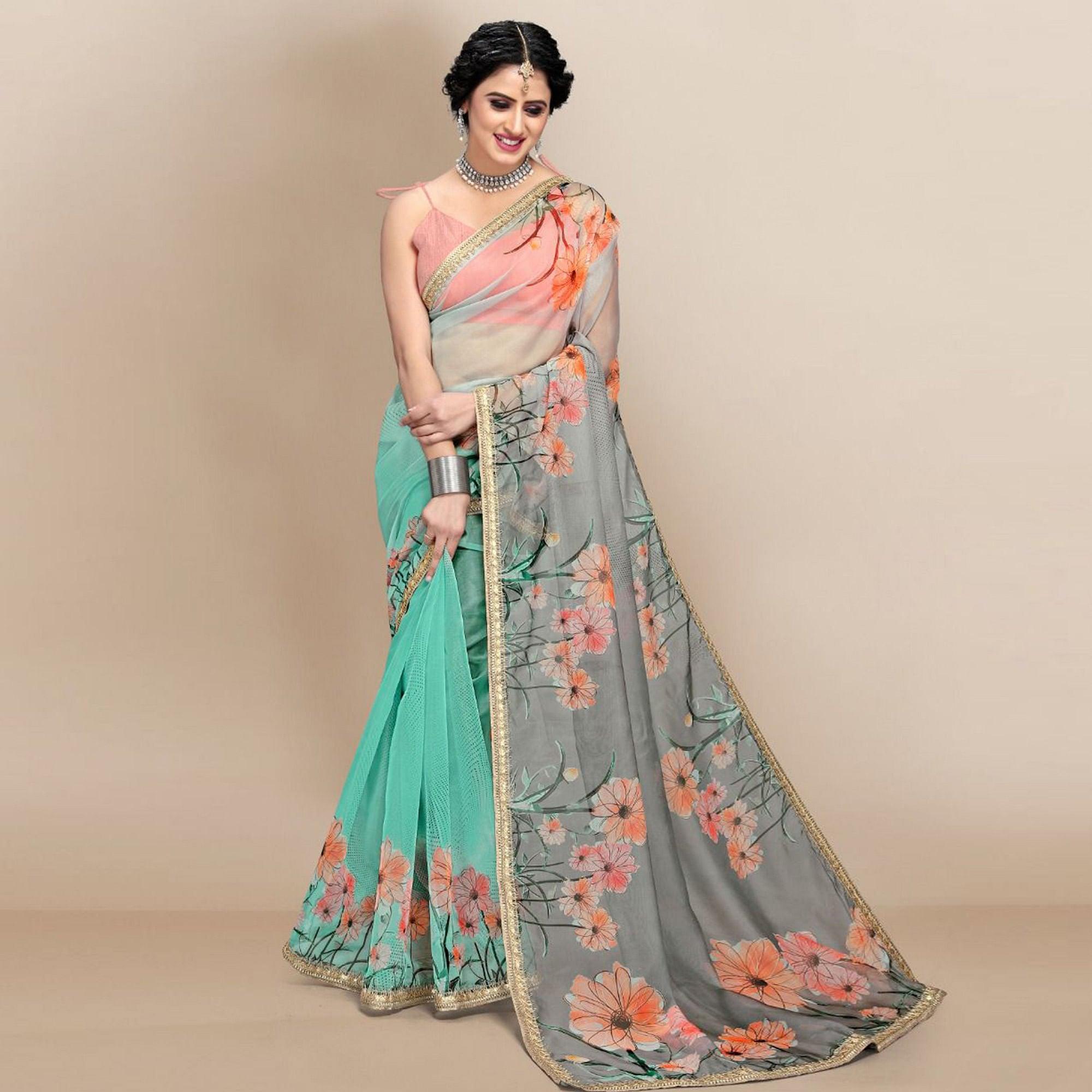 Blue Sequence & Printed Organza Saree - Peachmode