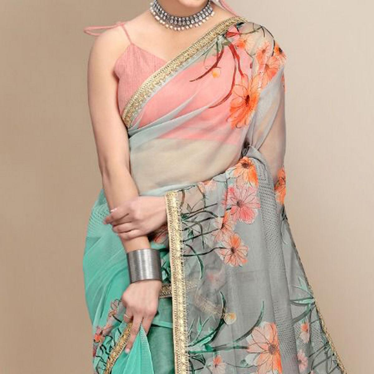 Blue Sequence & Printed Organza Saree - Peachmode