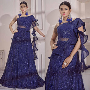 Blue Sequence Embroidered Art Silk Gown - Peachmode
