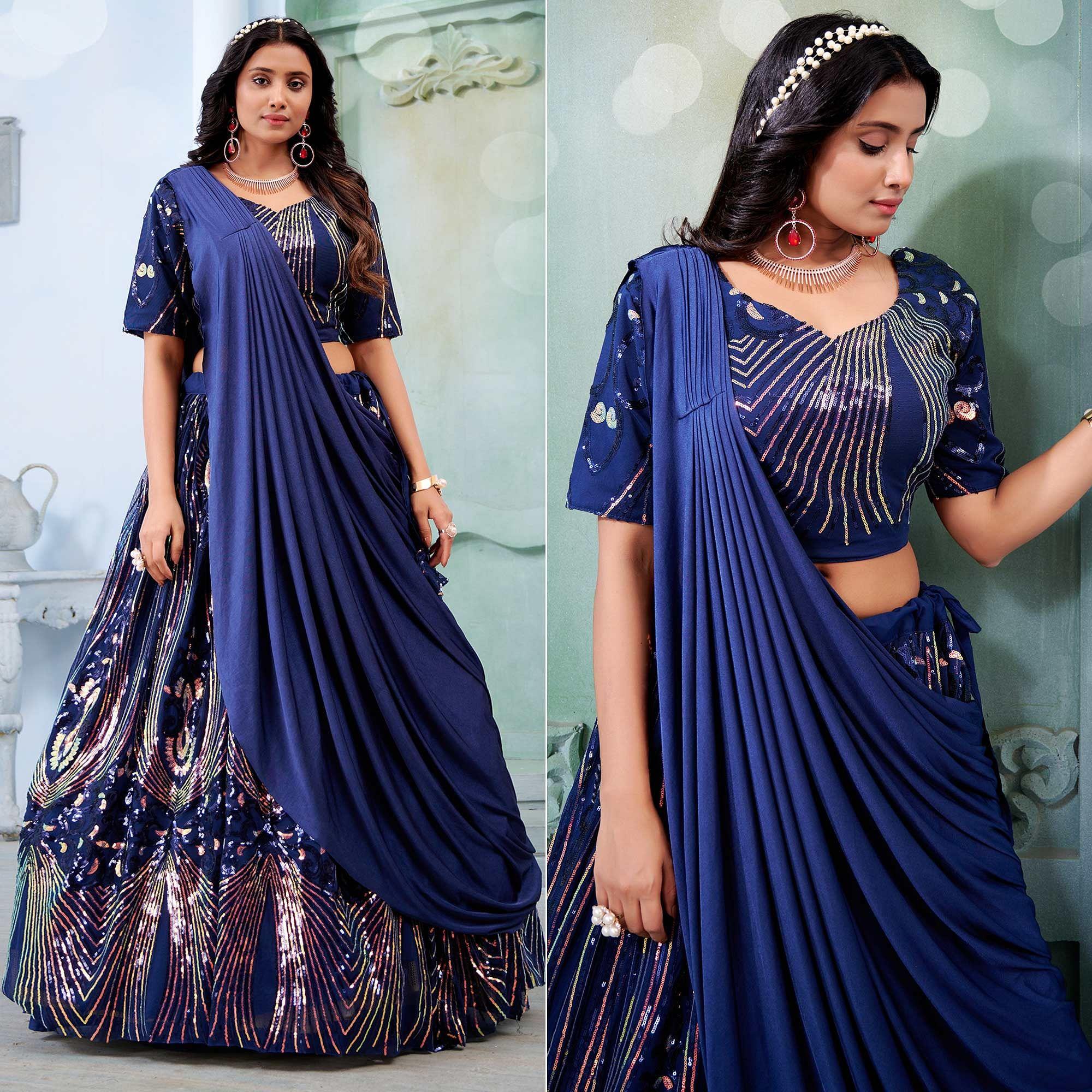 Blue Sequence Embroidered Art Silk Lehenga Choli - Peachmode