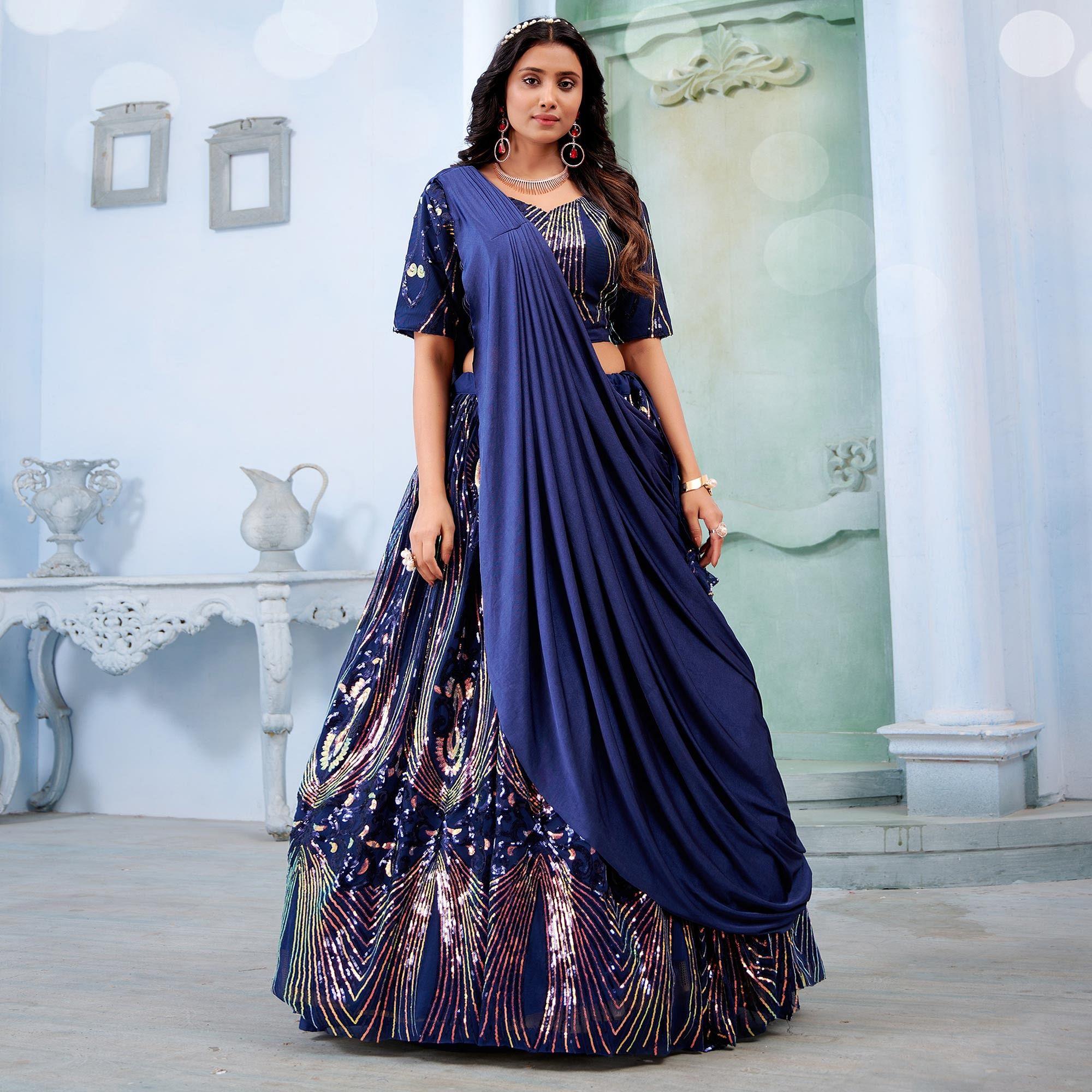 Blue Sequence Embroidered Art Silk Lehenga Choli - Peachmode